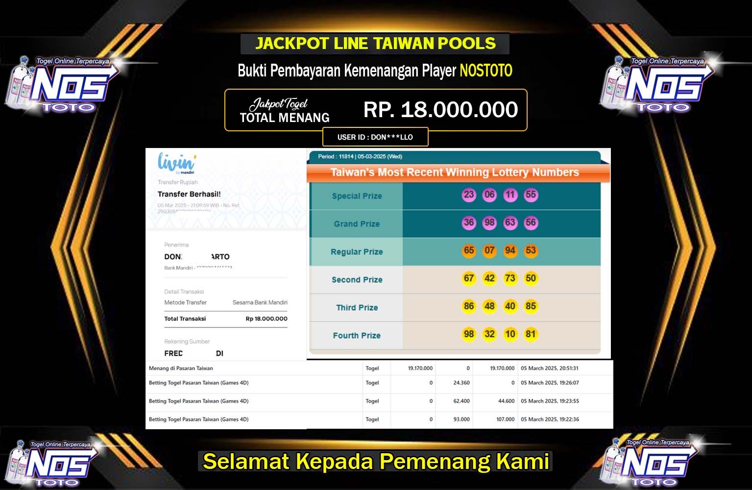 NOSTOTO JACKPOT TOGEL TAIWAN Rp.18.000.000,- LUNAS