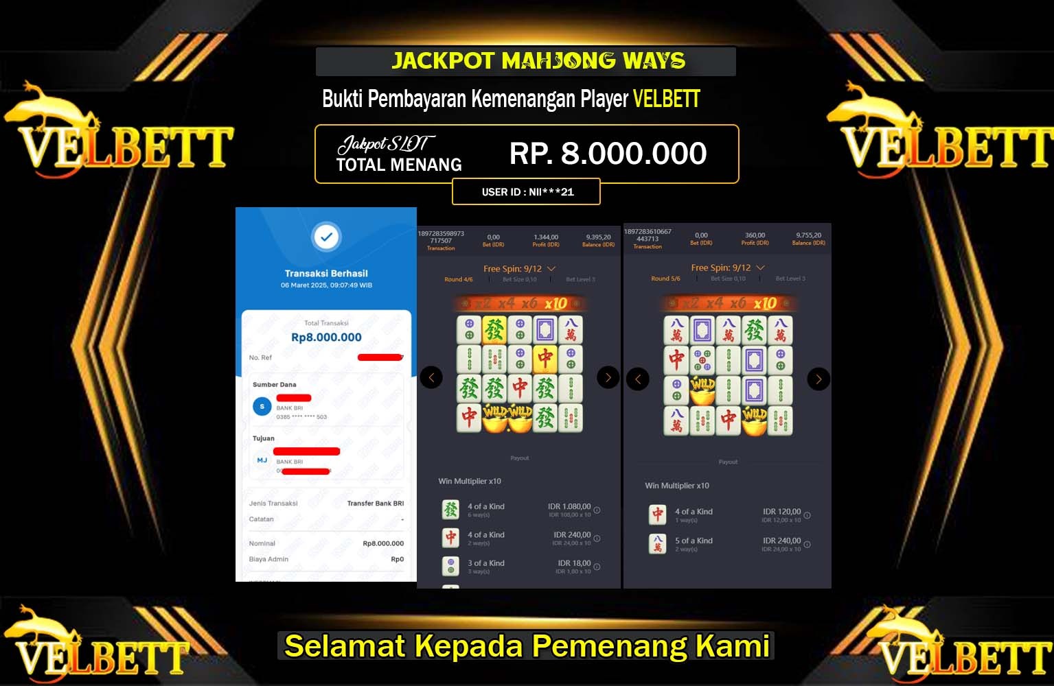 VELBETT JACKPOT MAHJONG WAYS  Rp.8.000.000,- LUNAS