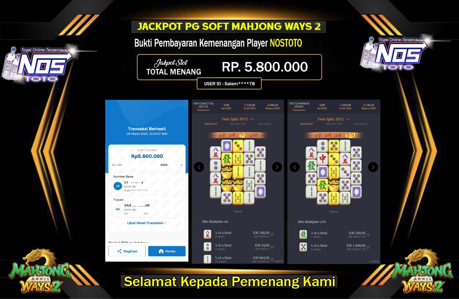 NOSTOTO JACKPOT MAHJONG WAYS 2 Rp.5.800.000,- LUNAS