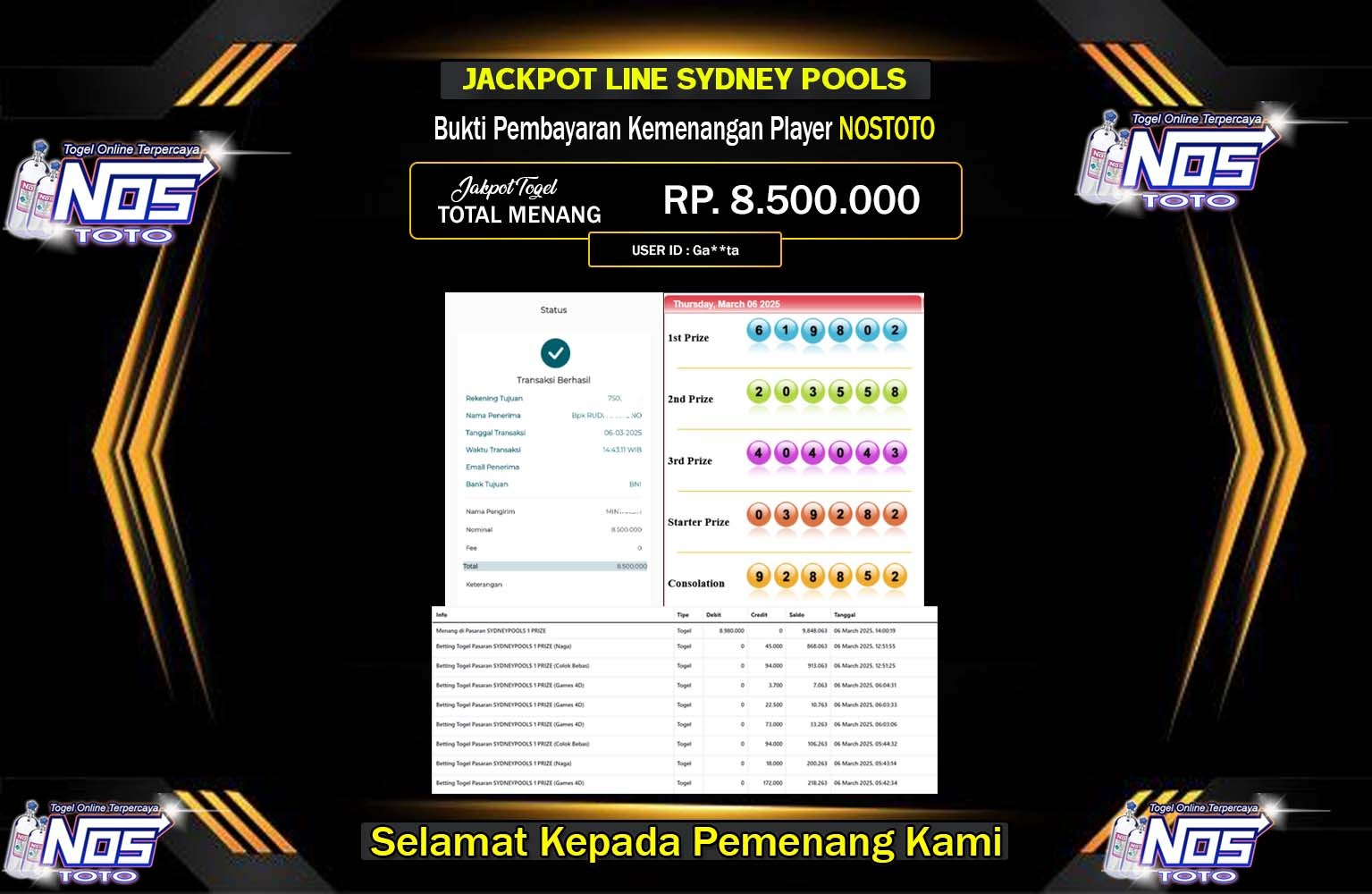 NOSTOTO JACKPOT SYDNEY POOLS Rp.8.500.000,- LUNAS