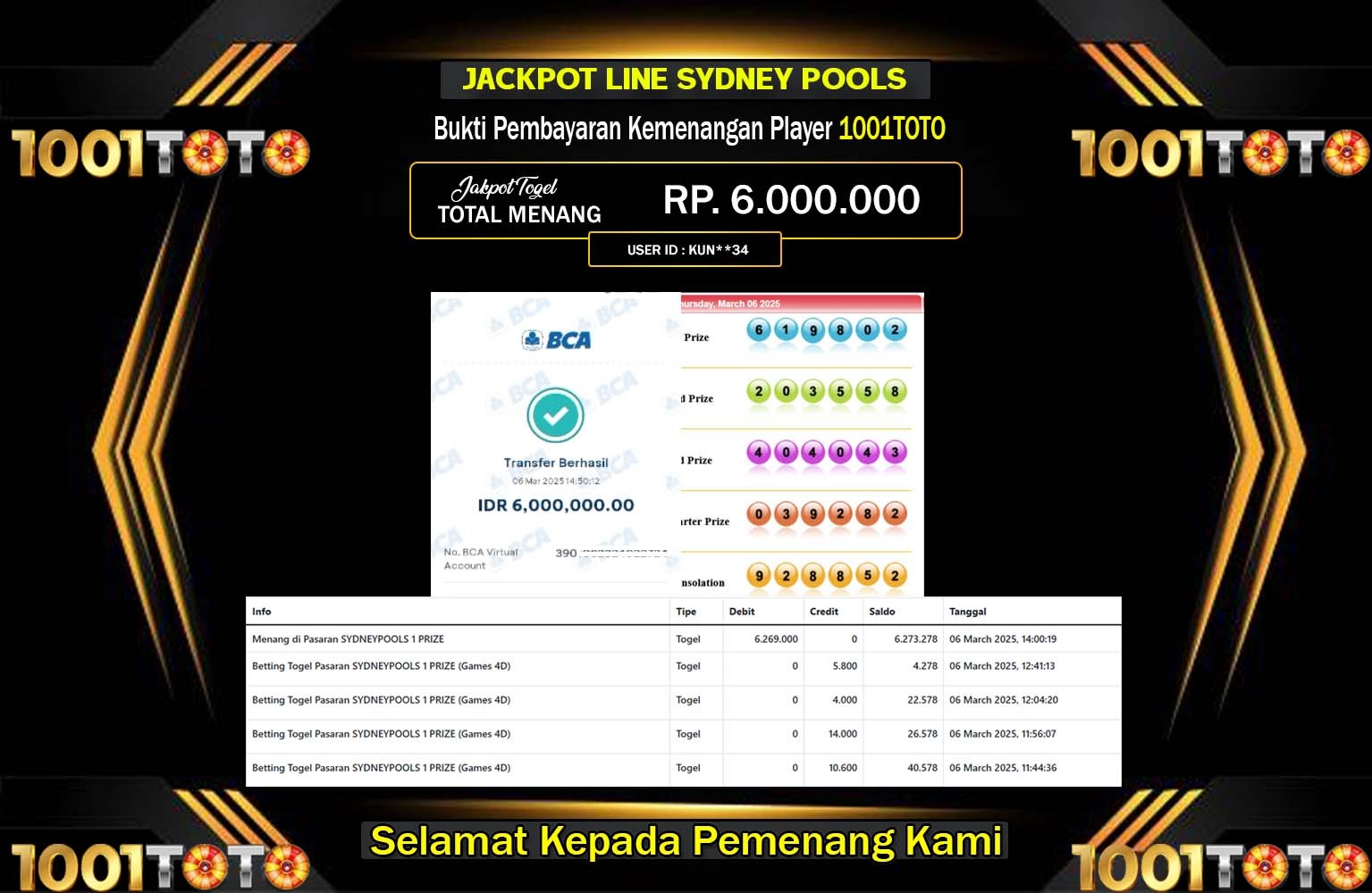 1001TOTO JACKPOT SYDNEY POOLS Rp.6.000.000,- LUNAS