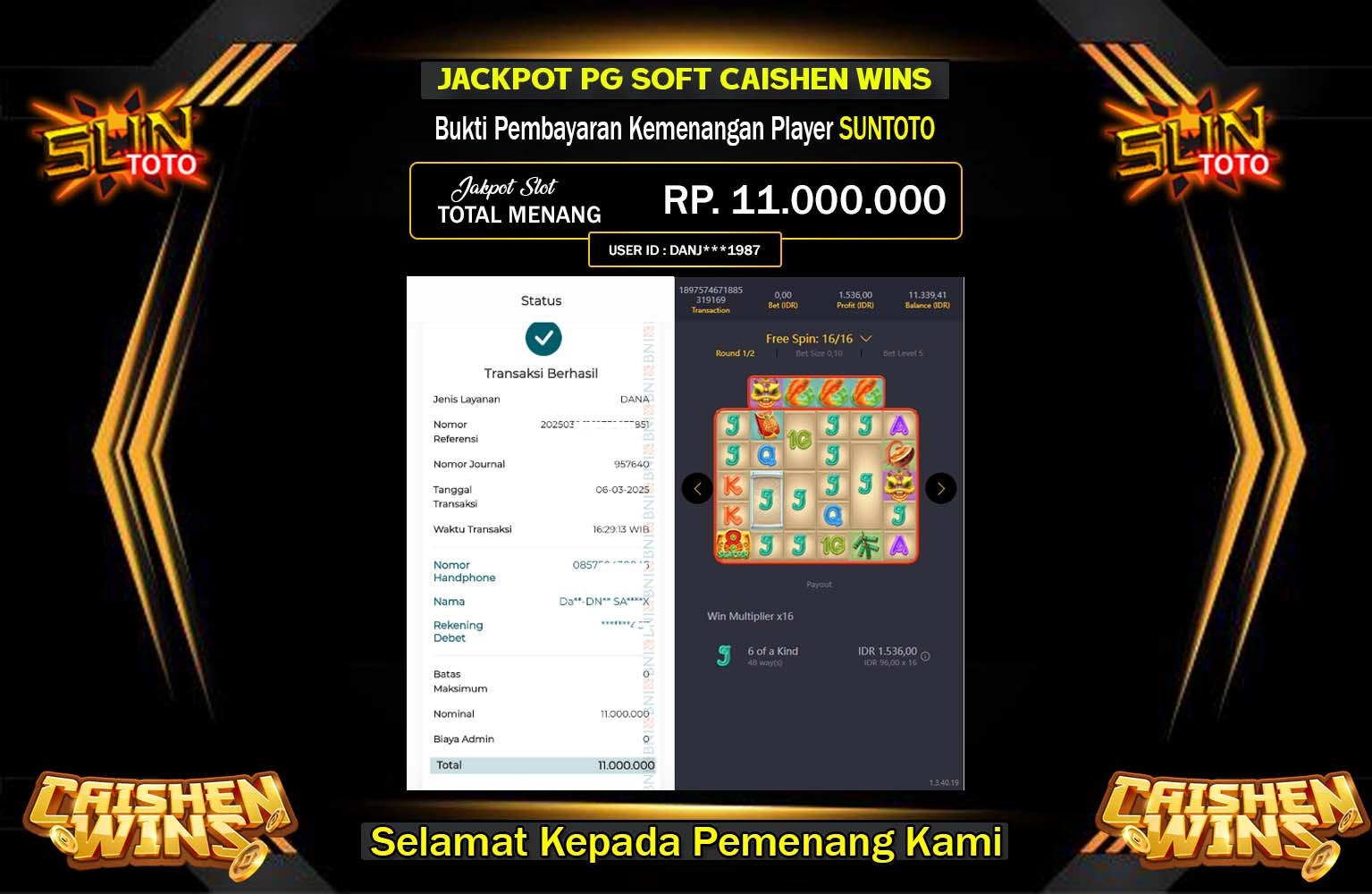 SUNTOTO JACKPOT Pg Soft (Caishen Wins) Rp.11.000.000,- LUNAS