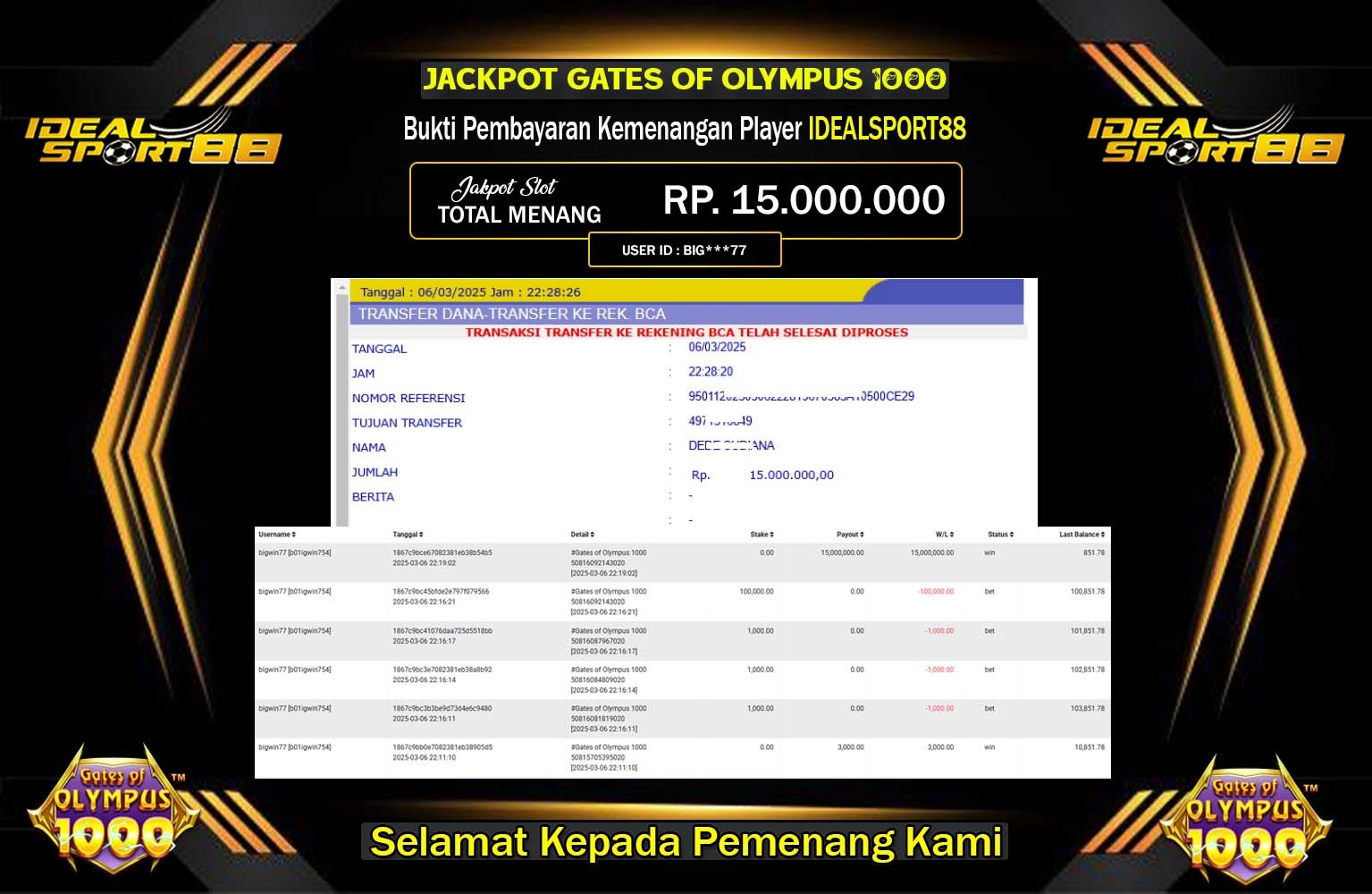 IDEALSPORT88 JACKPOT GATES OF OLYMPUS 1000   Rp.15.000.000,- LUNAS