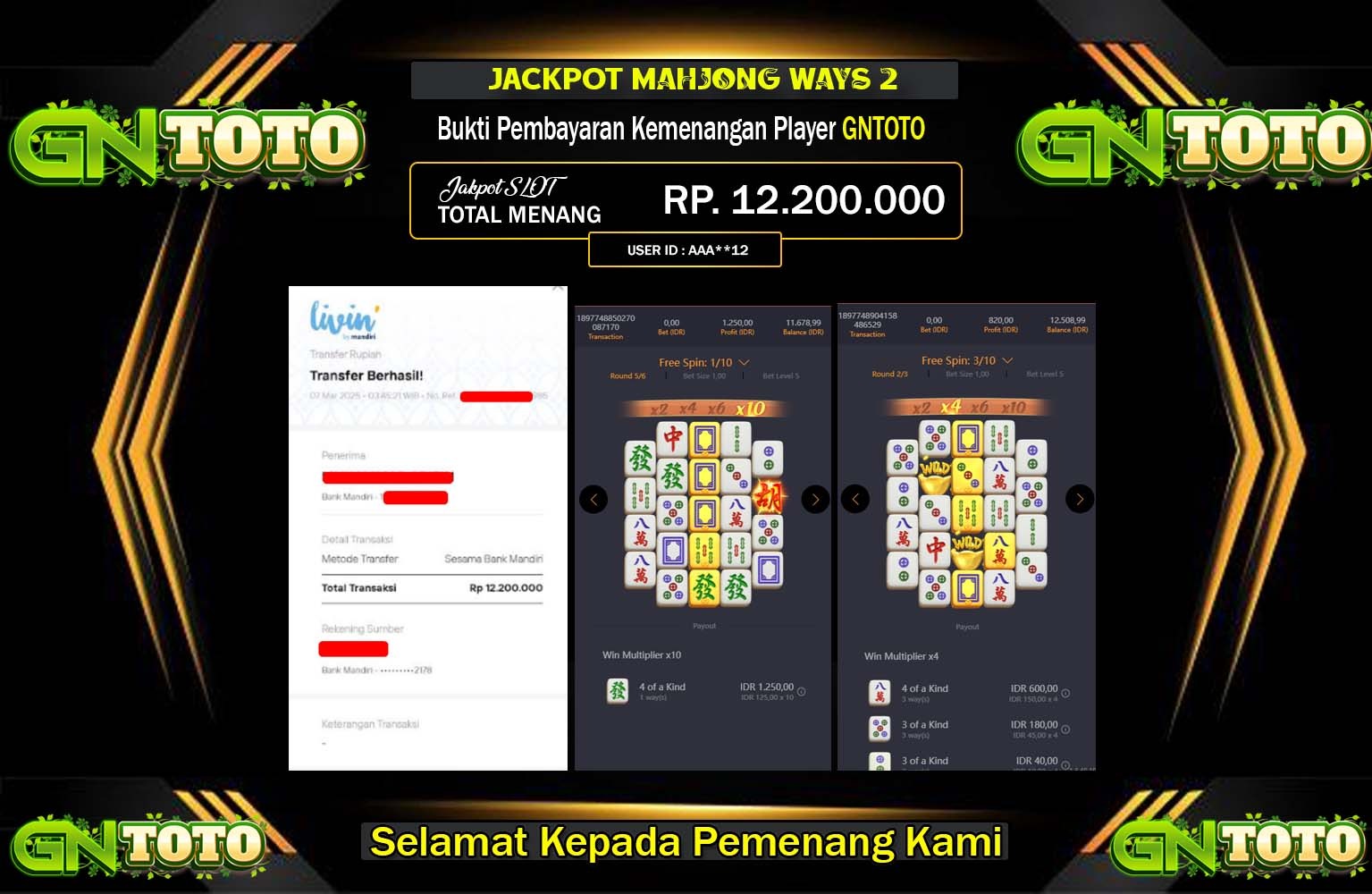 GNTOTO JACKPOT MAHJONG WAYS 2  Rp.12.200.000,- LUNAS