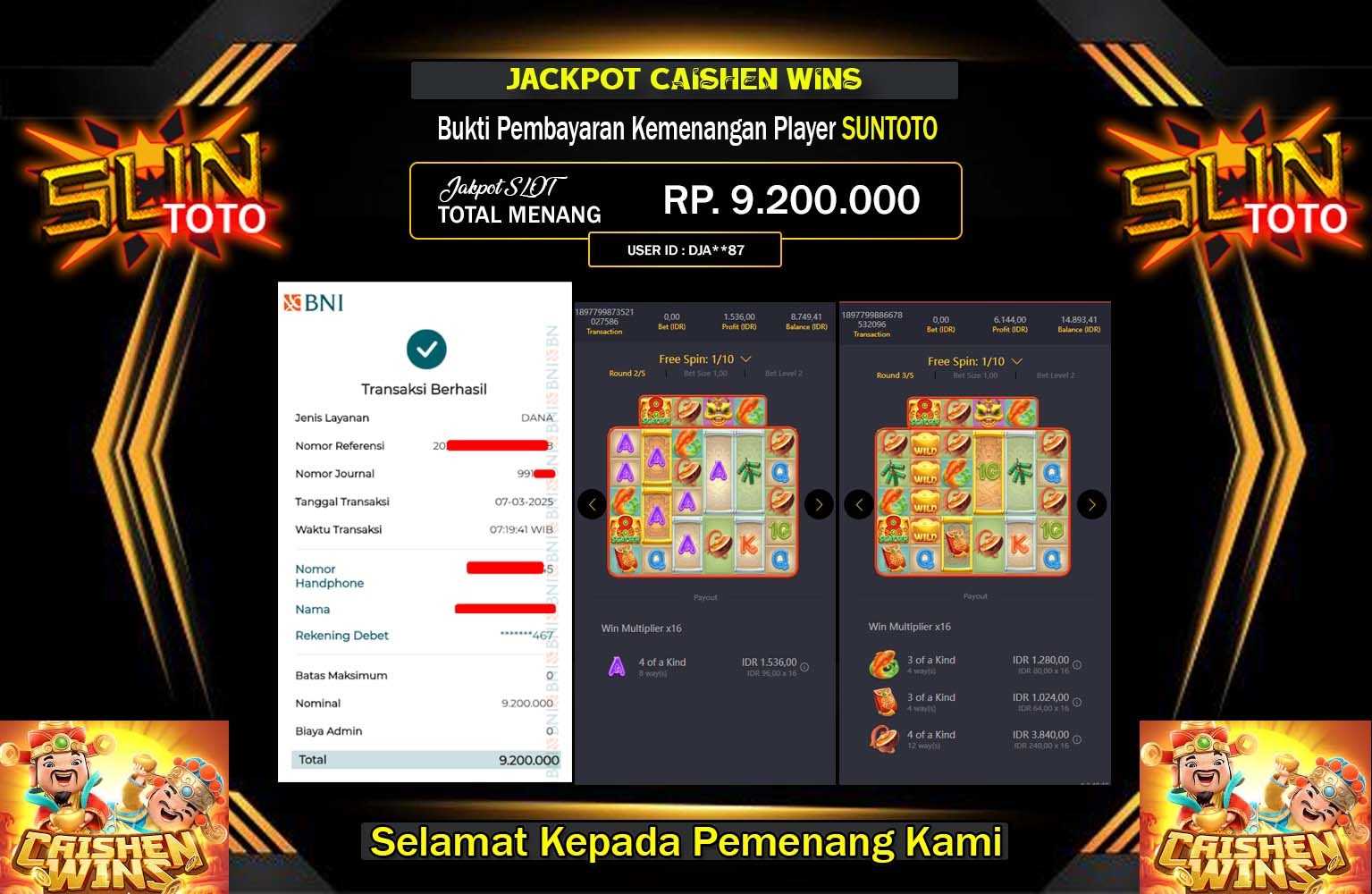 SUNTOTO JACKPOT Pg Soft (Caishen Wins) Rp.9.200.000,- LUNAS