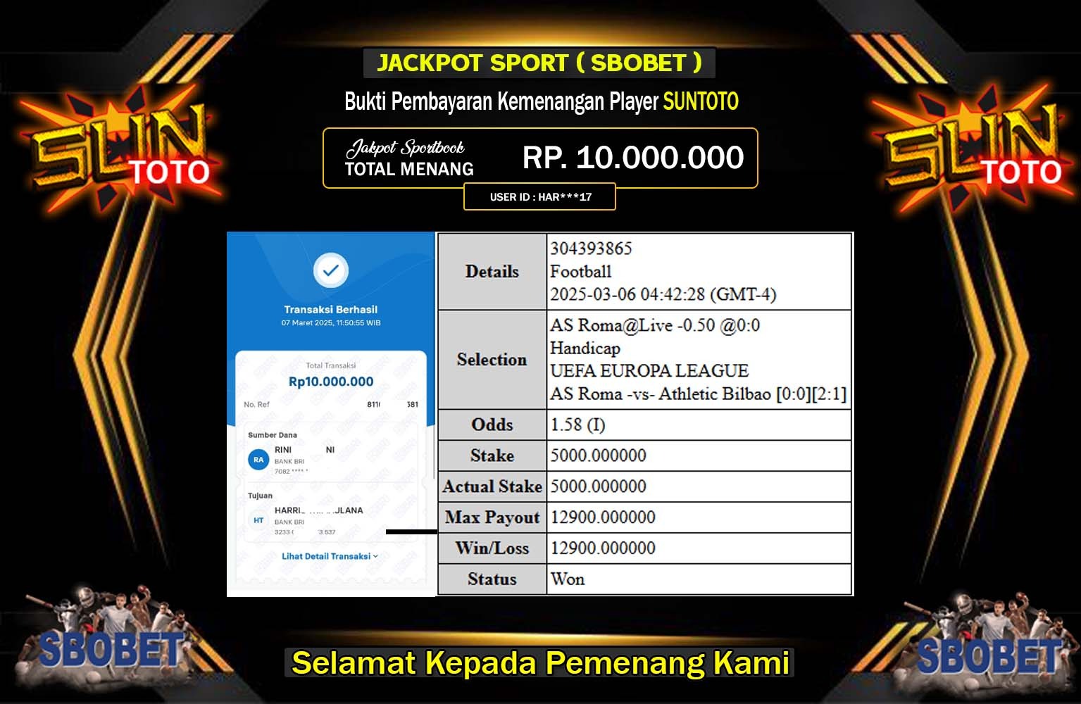 SUNTOTO JACKPOT SPORT SBOBET Rp.10.000.000,- LUNAS