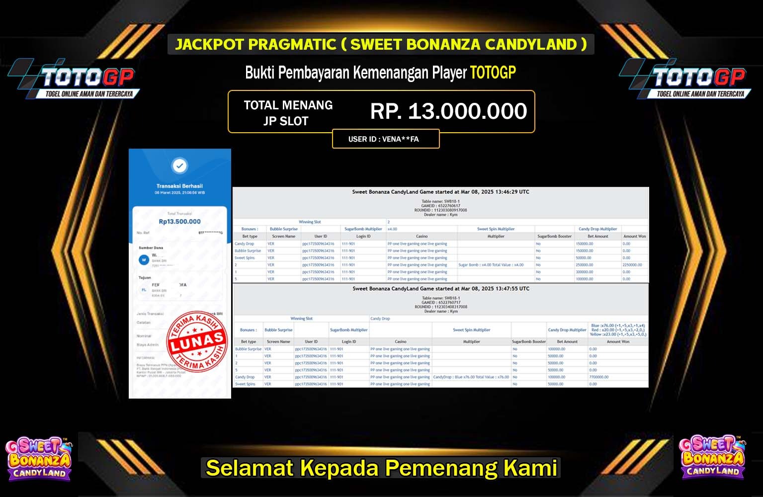 TOTOGP JACKPOT SWEET BONANZA CANDYLAND Rp.13.000.000,- LUNAS