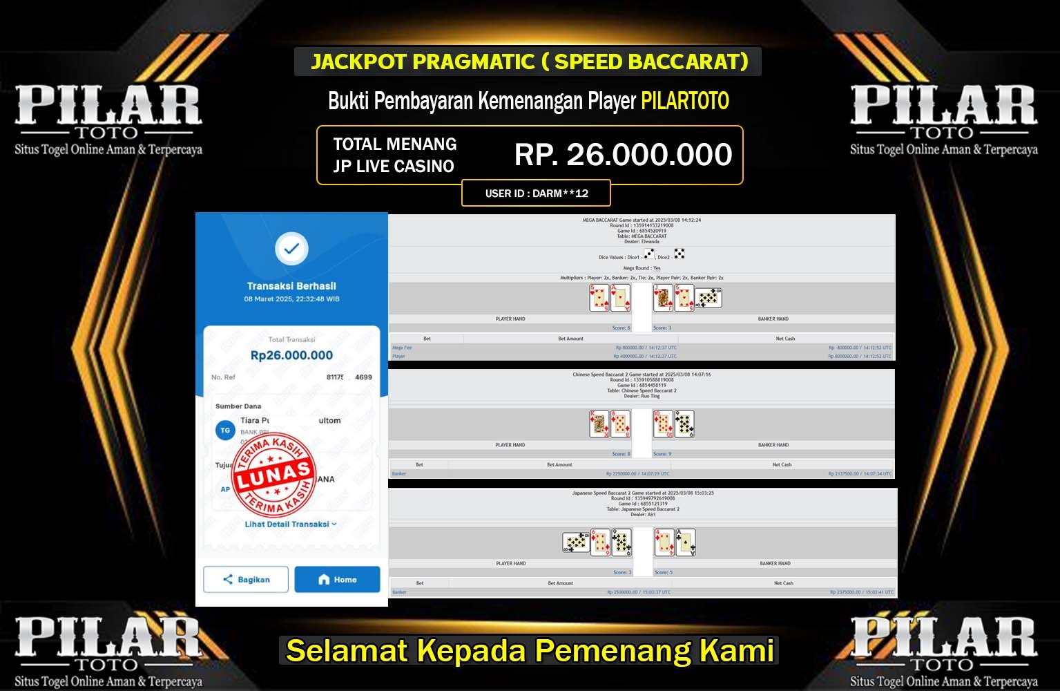 PILARTOTO JACKPOT SPEED BACCARAT Rp.26.000.000,- LUNAS