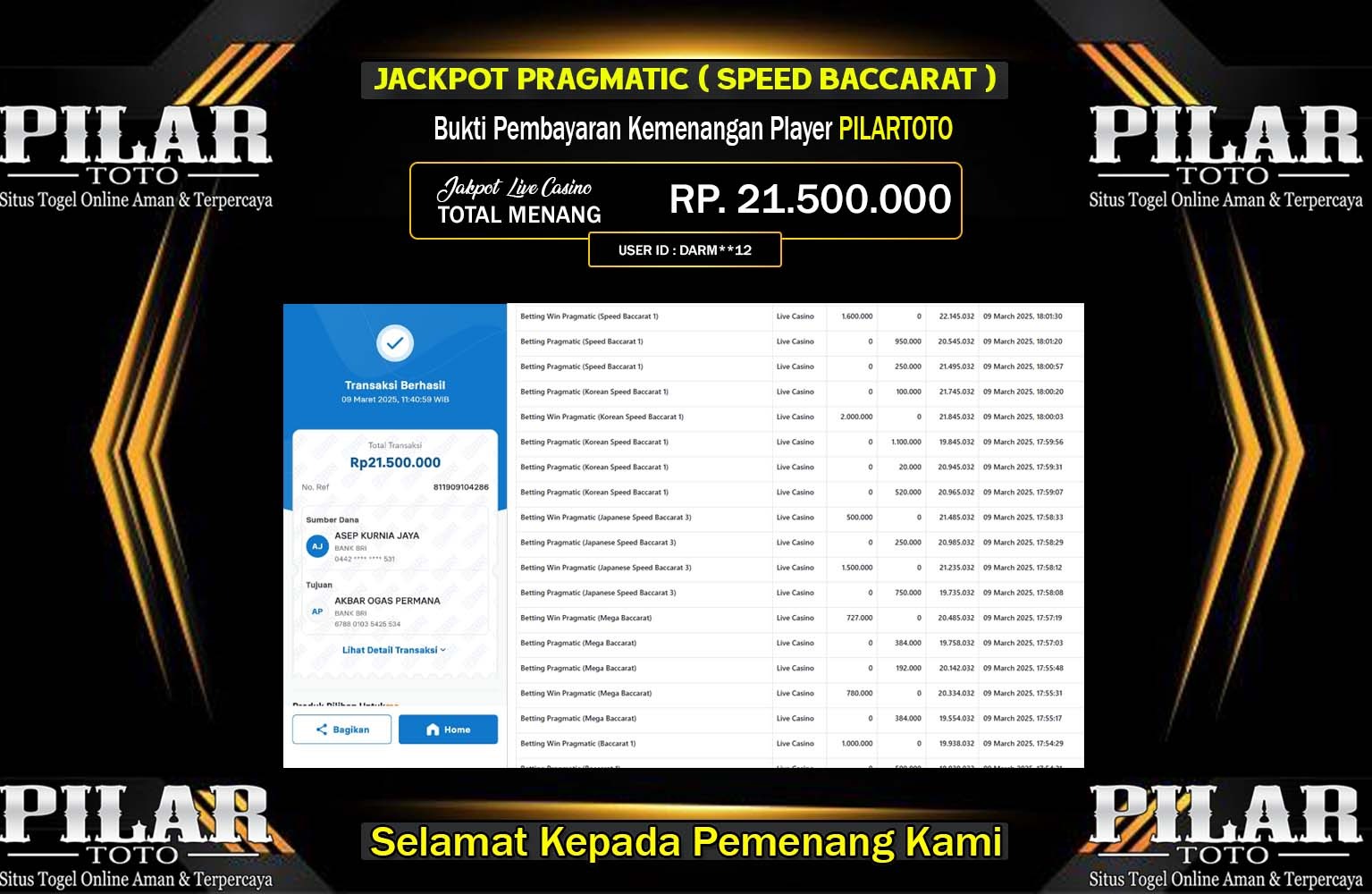 PILARTOTO JACKPOT SPEED BACCARAT Rp.21.500.000,- LUNAS