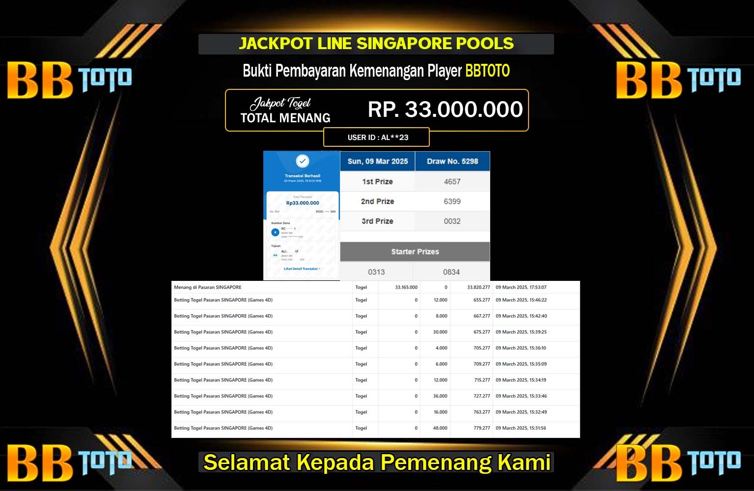 BBTOTO JACKPOT SINGAPORE POOLS Rp.33.000.000,- LUNAS