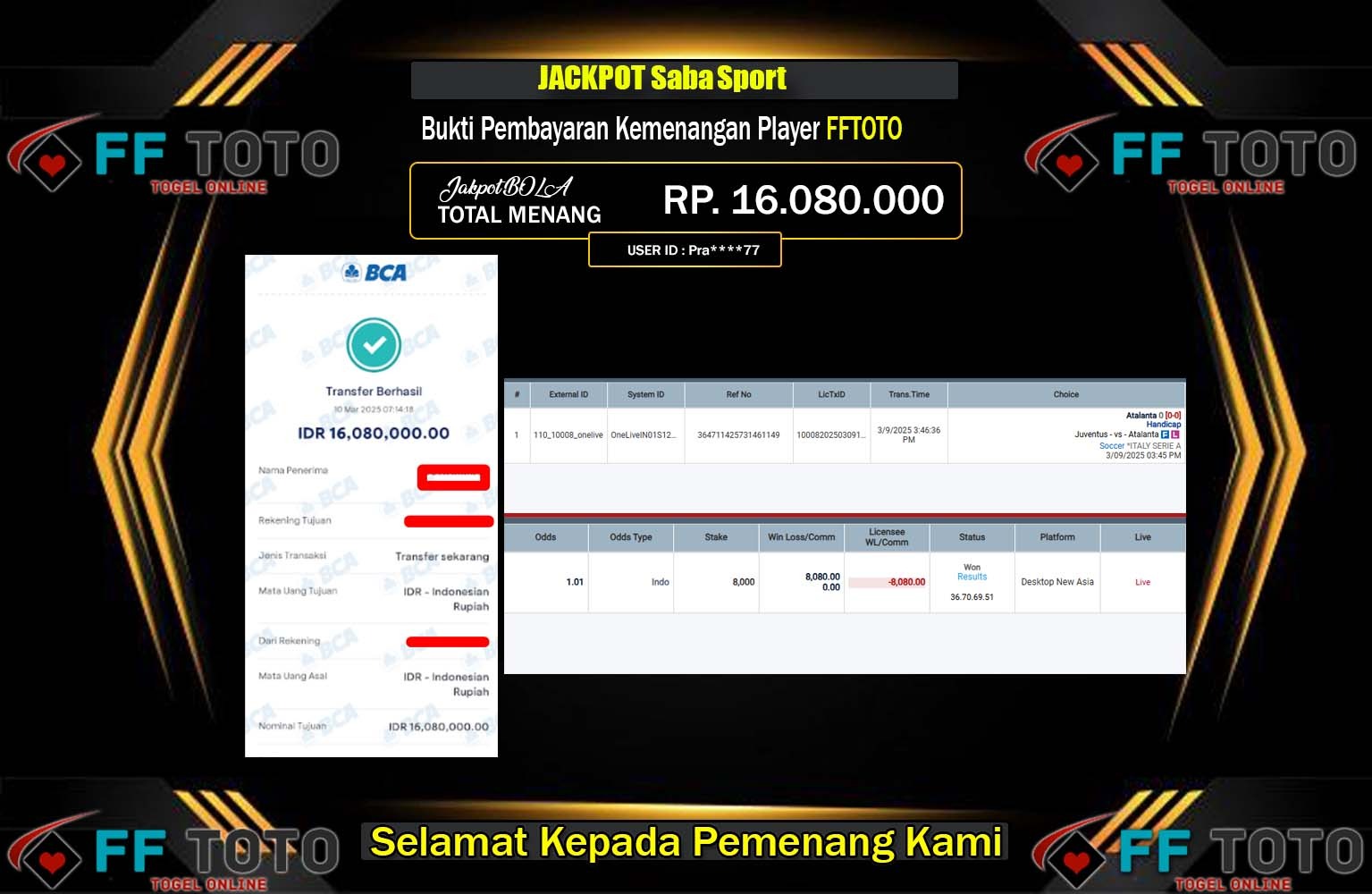 FFTOTO JACKPOT SABA SPORT Rp.16.080.000,- LUNAS