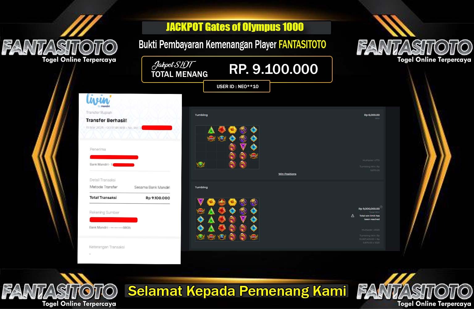 FANTASITOTO JACKPOT GATES OF OLYMPUS 1000 Rp.9.100.000,- LUNAS