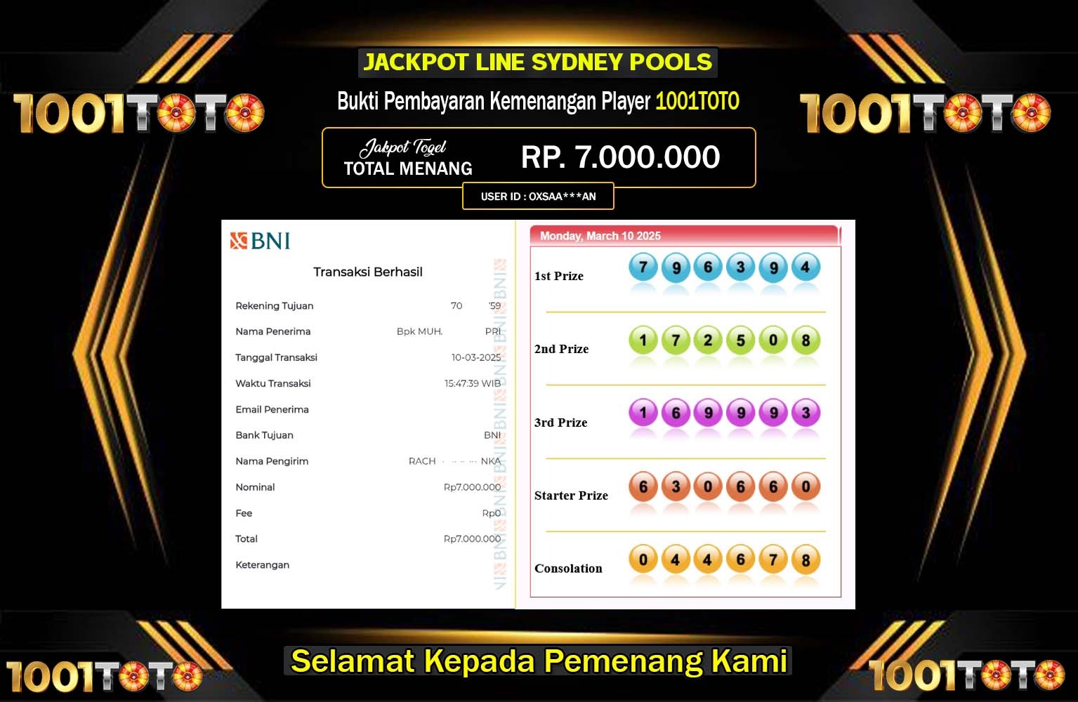 1001TOTO JACKPOT SYDNEY POOLS Rp.7.000.000,- LUNAS