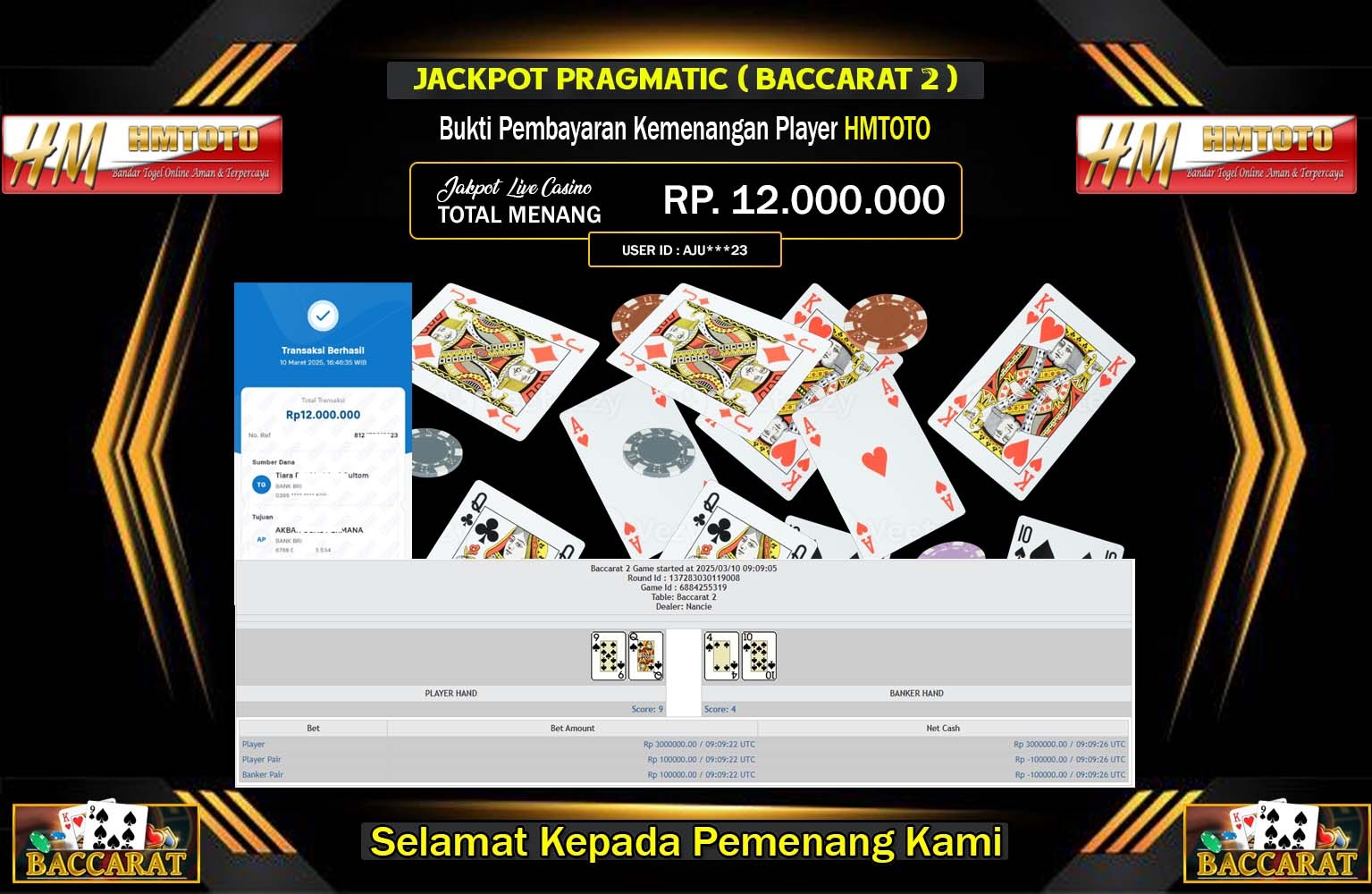 HMTOTO JACKPOT LIVE CASINO BACCARAT Rp.12.000.000,- LUNAS