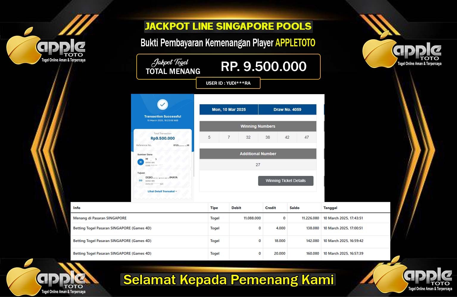 APPLETOTO JACKPOT SINGAPORE POOLS Rp.9.500.000,- LUNAS