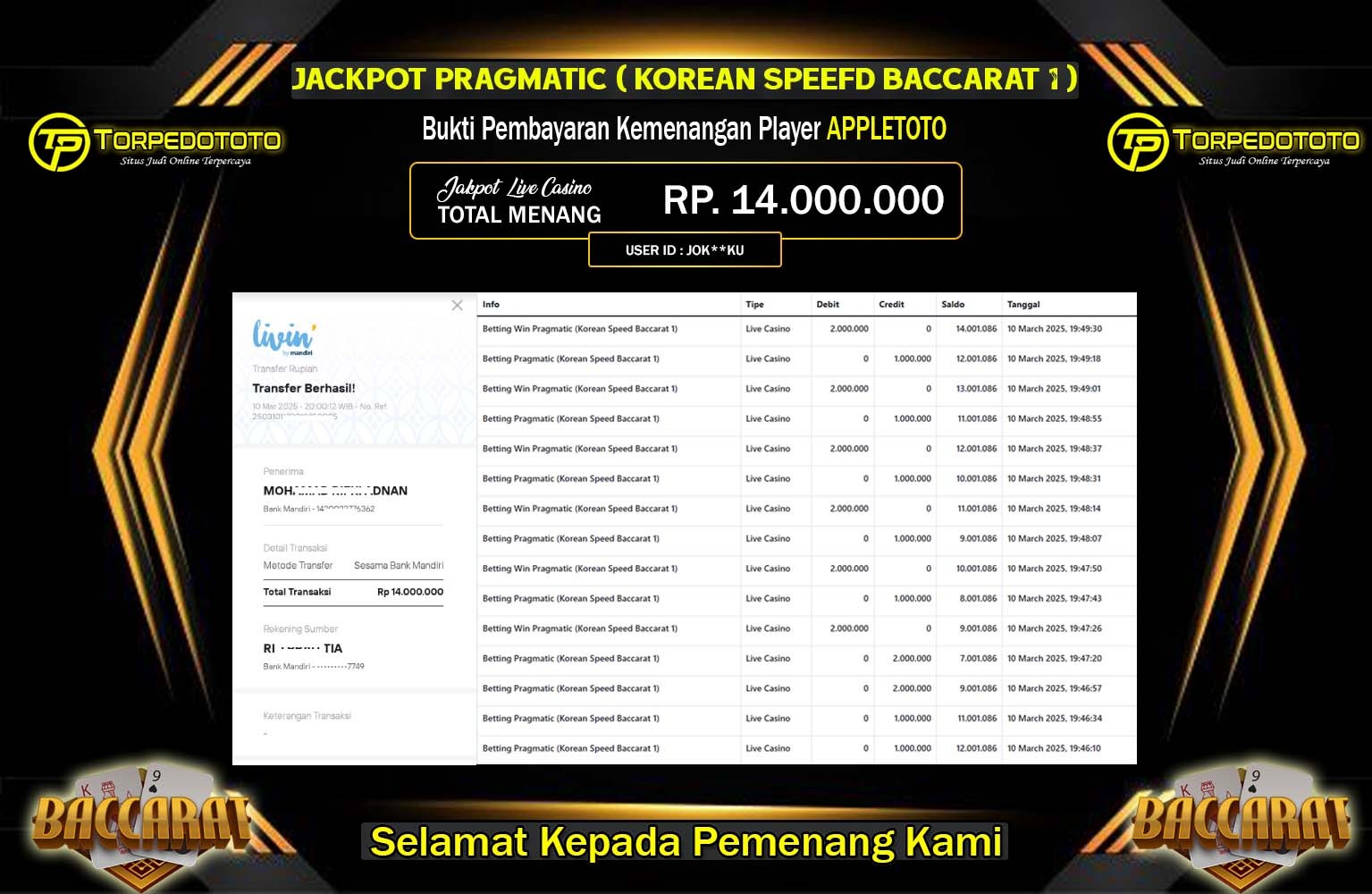 TORPEDOTOTO JACKPOT KOREAN SPEED BACCARAT Rp.14.000.000,- LUNAS