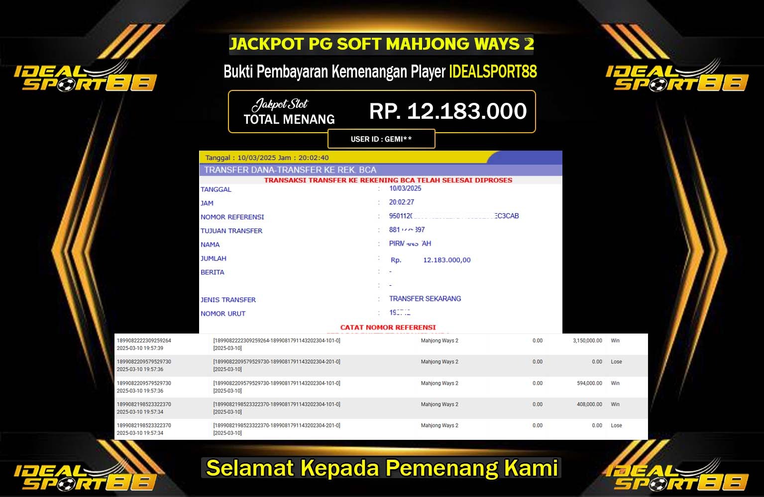 IDEALSPORT88 JACKPOT SLOT MAHJONG WAYS2 Rp.12.180.000,- LUNAS