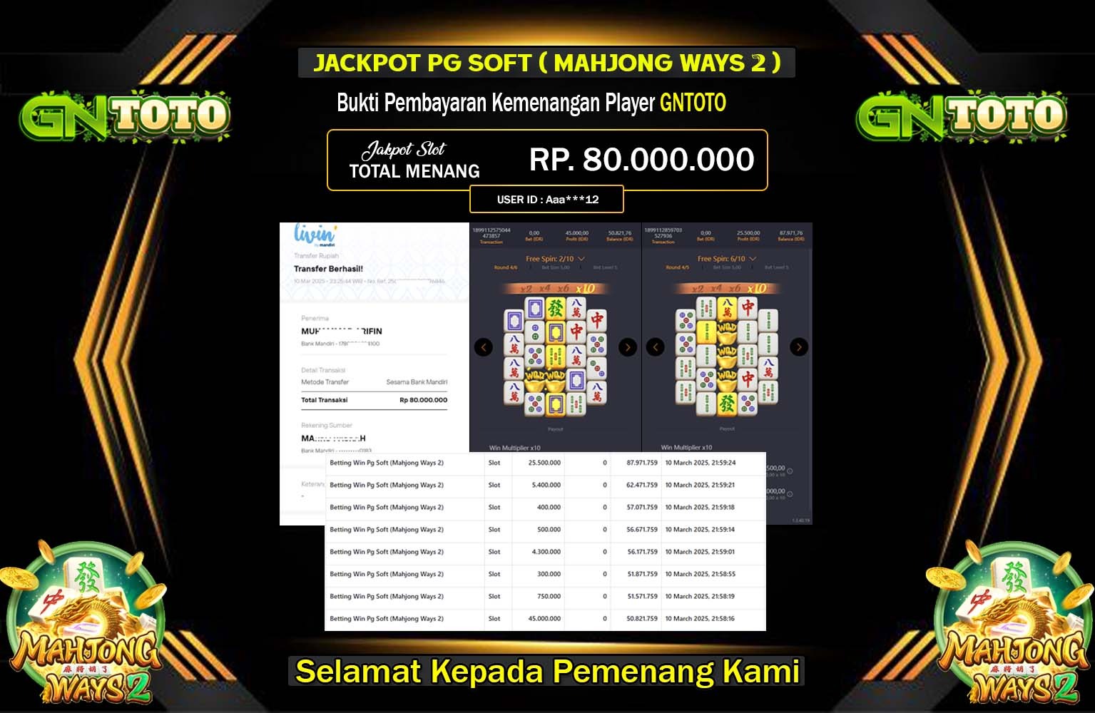 GNTOTO JACKPOT MAHJONG WAYS 2 Rp.80.000.000,- LUNAS