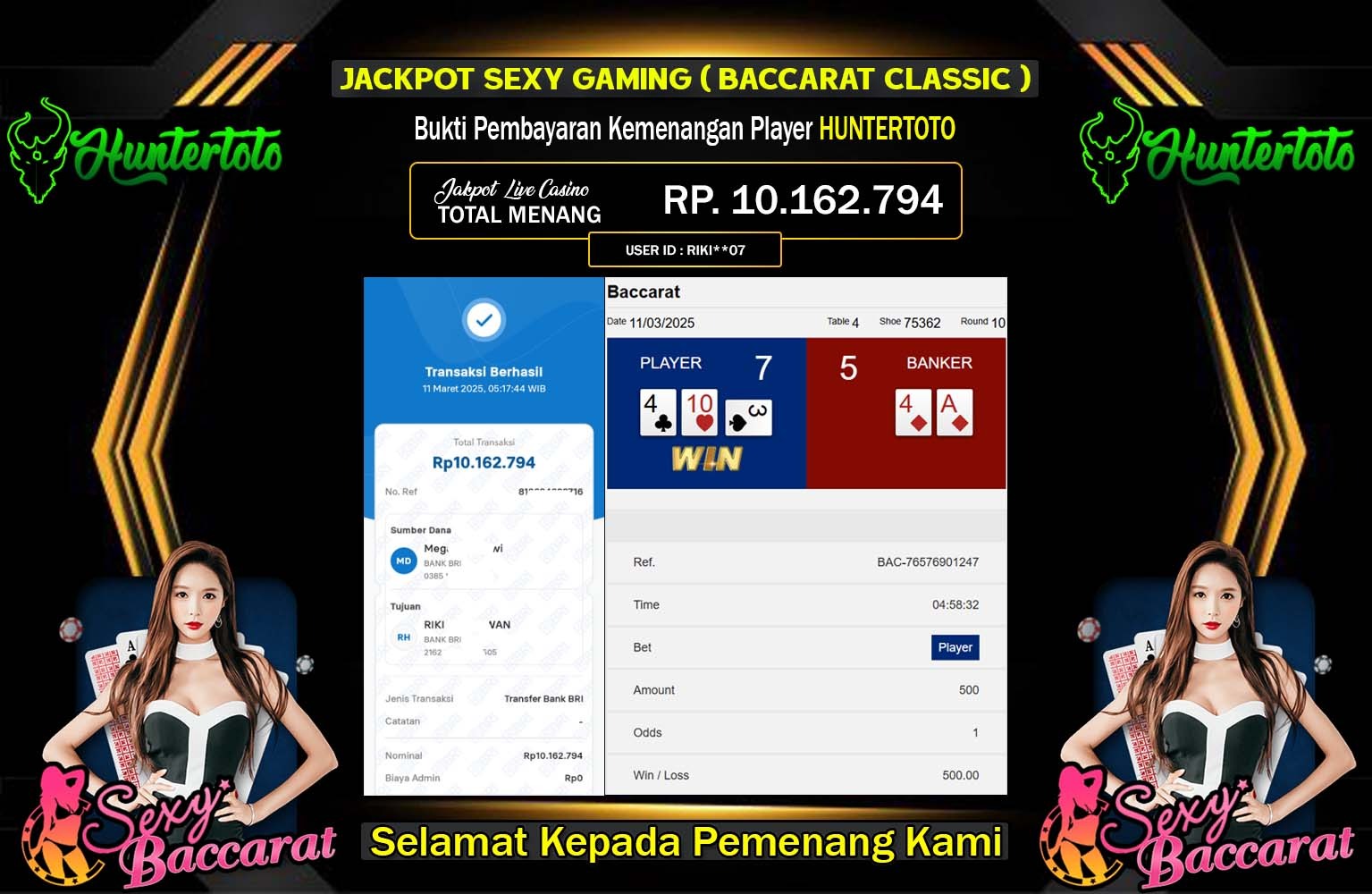 HUNTERTOTO JACKPOT SEXY GAMING BACCARAT CLASSIC Rp.10.162.794,- LUNAS