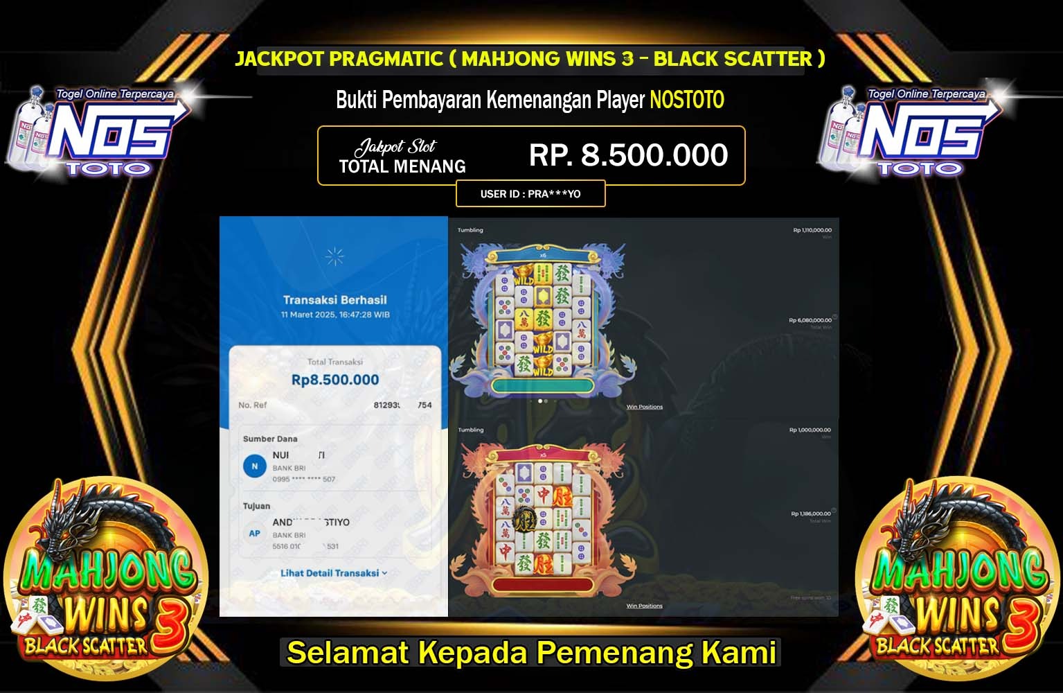 NOSTOTO JACKPOT MAHJONG WINS 3 - BLACK SCATTER Rp.8.500.000,- LUNAS