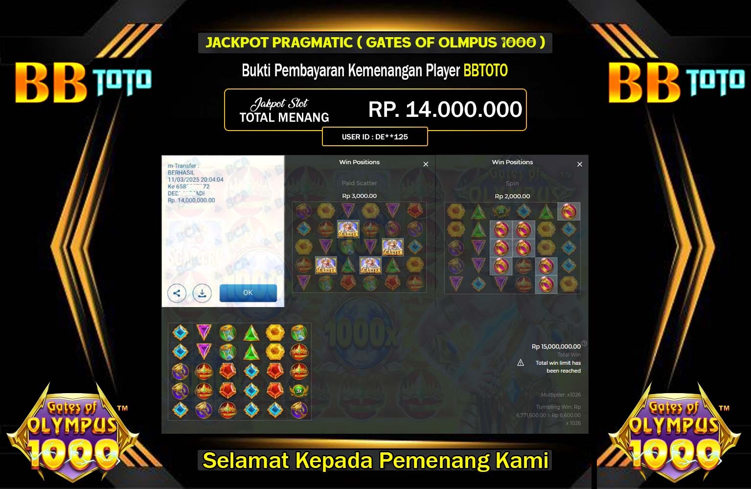 BBTOTO JACKPOT GATES OF OLYMPUS 1000 Rp.14.000.000,- LUNAS