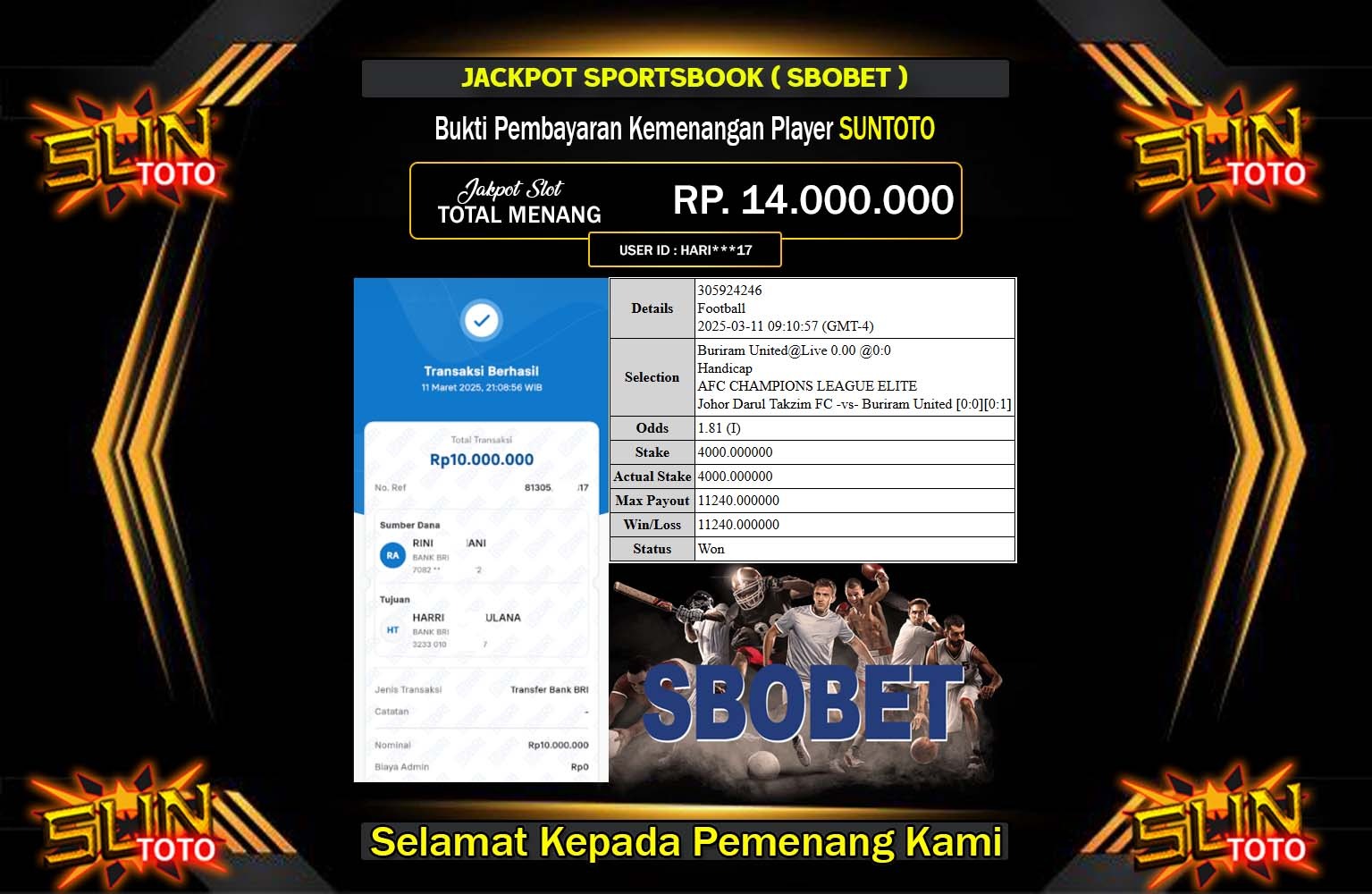 SUNTOTO JACKPOT SPORTSBOOK SBOBET Rp.10.000.000,- LUNAS