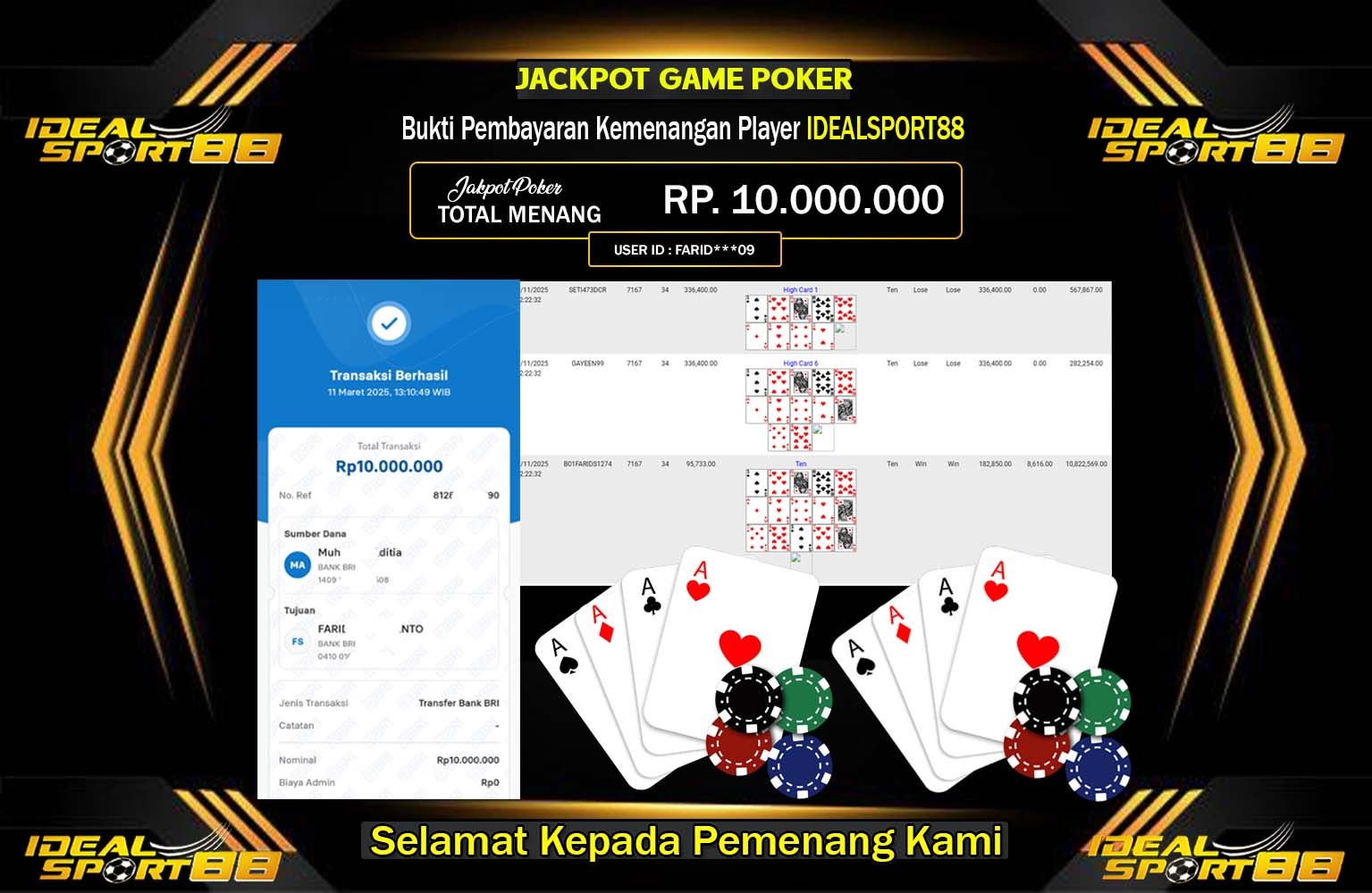 IDEALSPORT88 JACKPOT GAME POKER Rp.10.000.000,- LUNAS