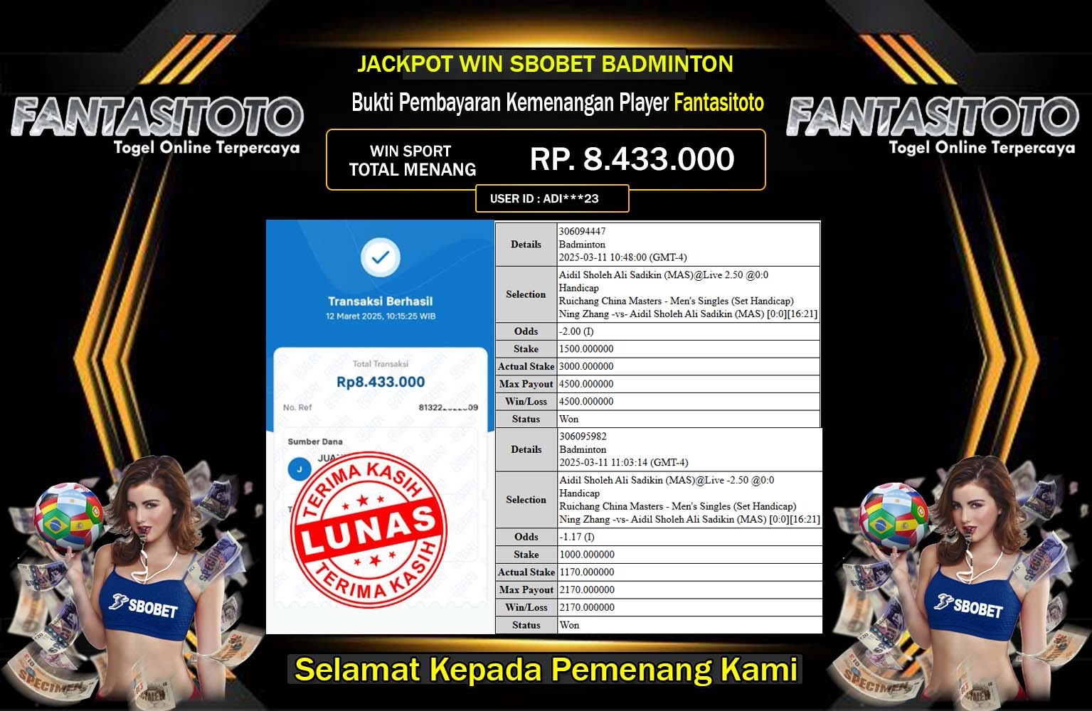 FANTASITOTO JACKPOT SPORTSBOOK SBOBET Rp.8.433.000,- LUNAS