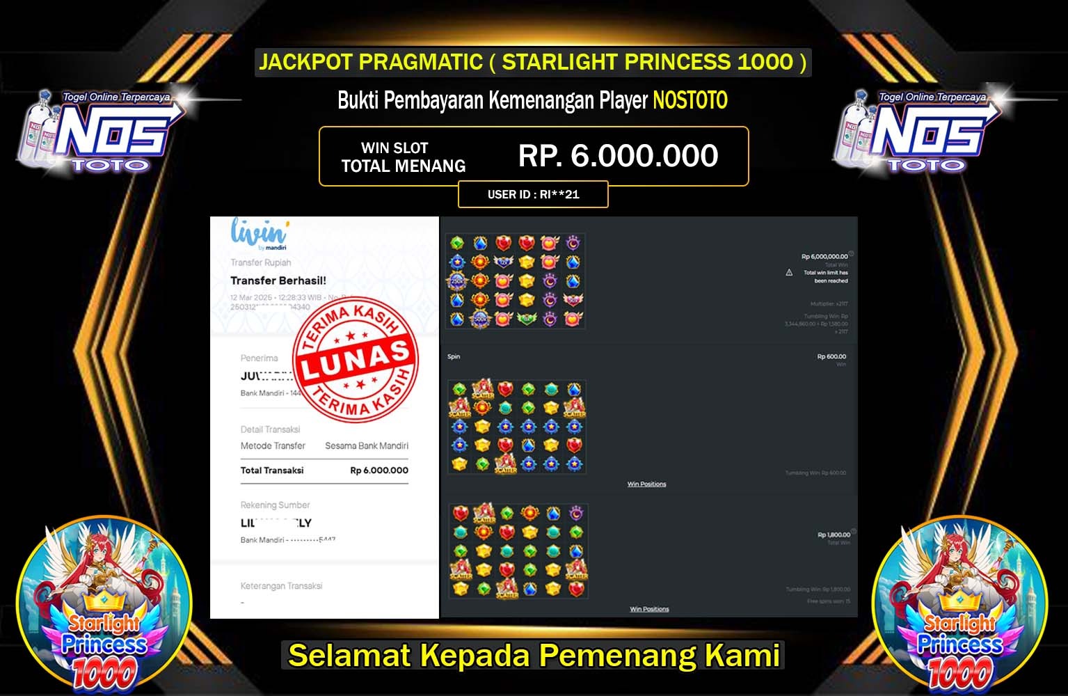 NOSTOTO JACKPOT STARLIGHT PRINCESS 1000 Rp.6.000.000,- LUNAS