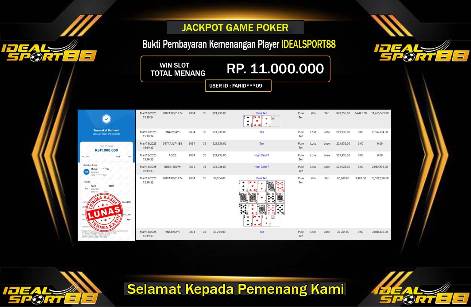 IDEALSPORT88 JACKPOT POKER Rp.11.000.000,- LUNAS