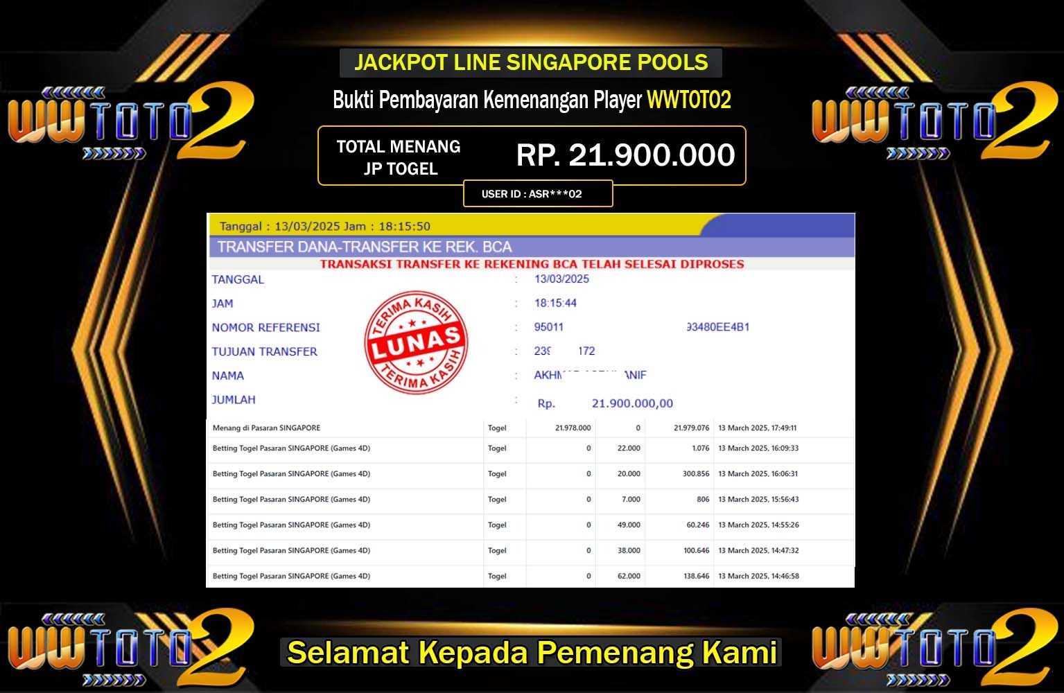 WWTOTO2 JACKPOT SINGAPORE POOLS Rp.21.900.000,- LUNAS