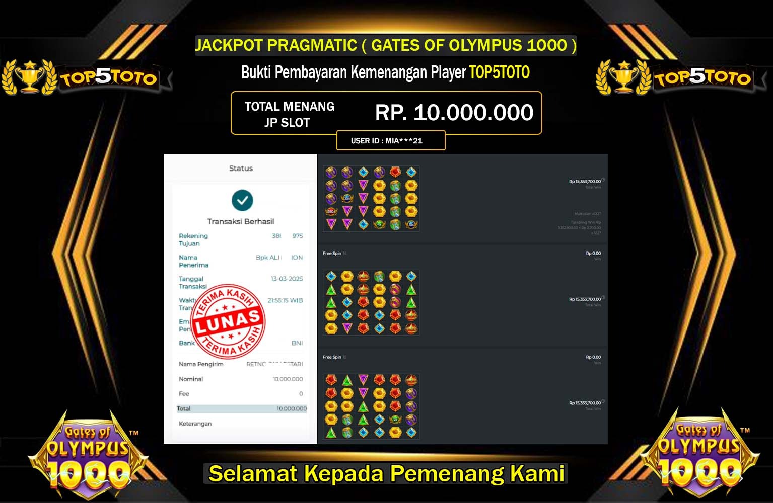 TOP5TOTO JACKPOT GATES OF OLYMPUS 1000 Rp.10.000.000,- LUNAS