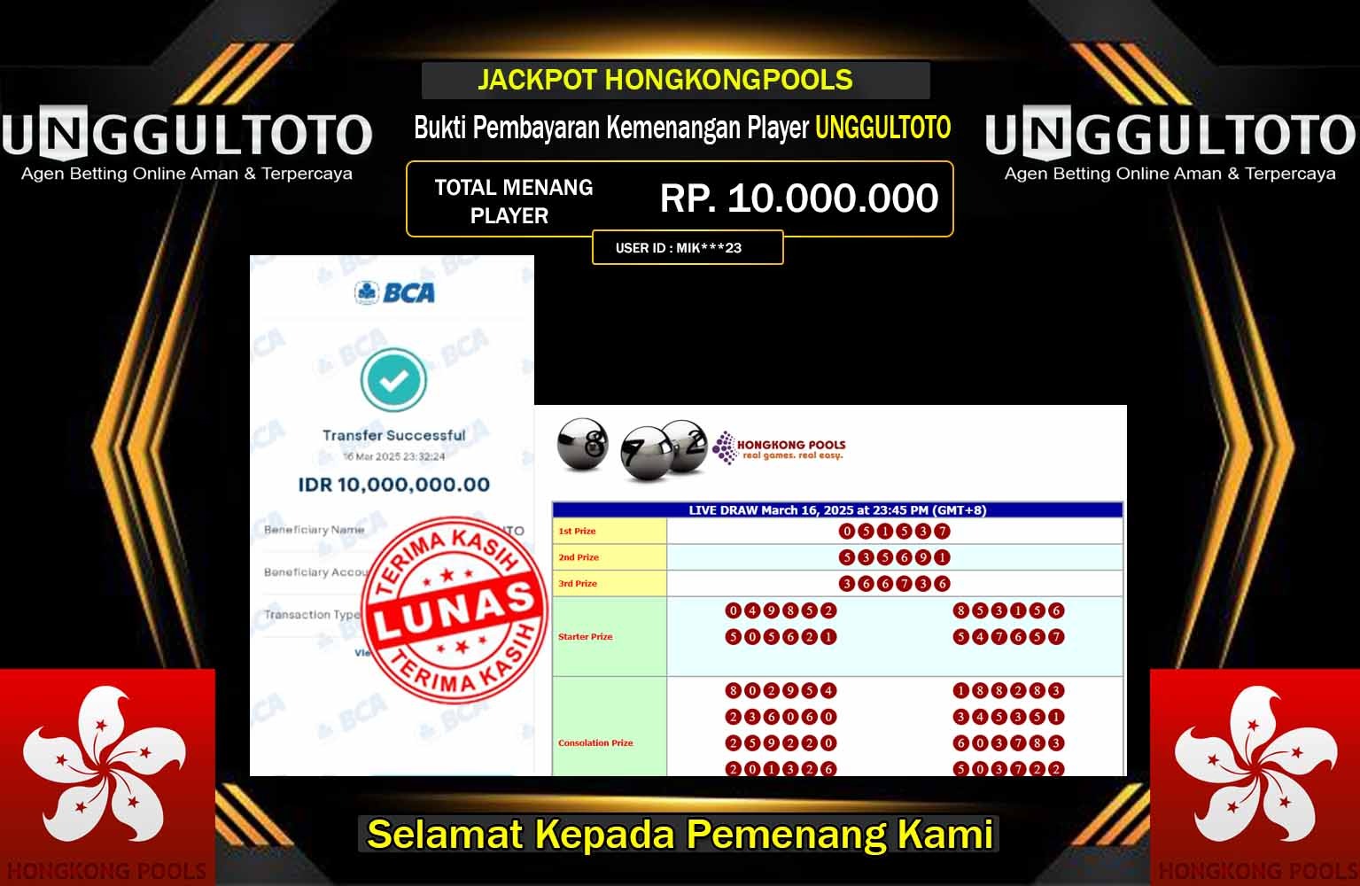 UNGGULTOTO JACKPOT HONGKONG POOLS Rp.10.000.000,- LUNAS