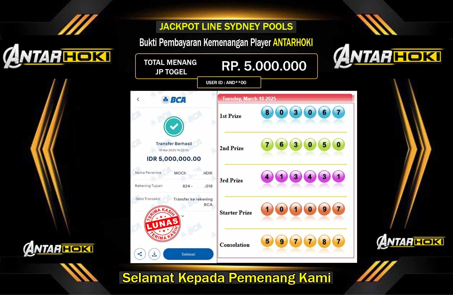 ANTARHOKI JACKPOT SYDNEY POOLS Rp.5.000.000,- LUNAS