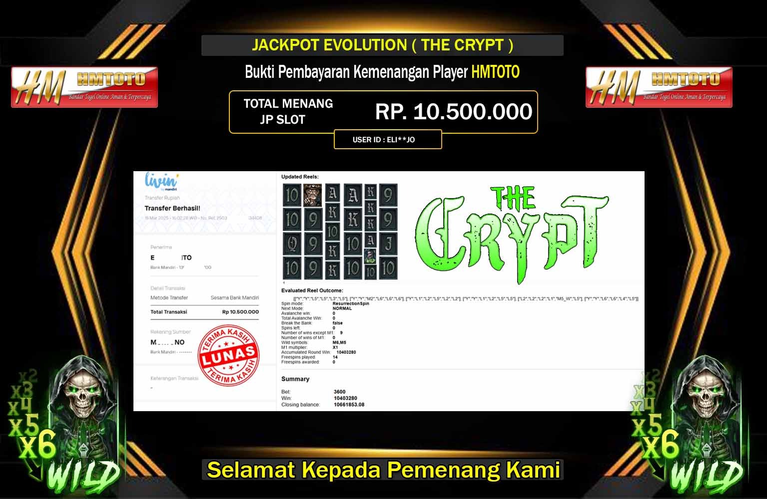HMTOTO JACKPOT EVOLUTION THE CRYPT Rp.10.500.000,- LUNAS