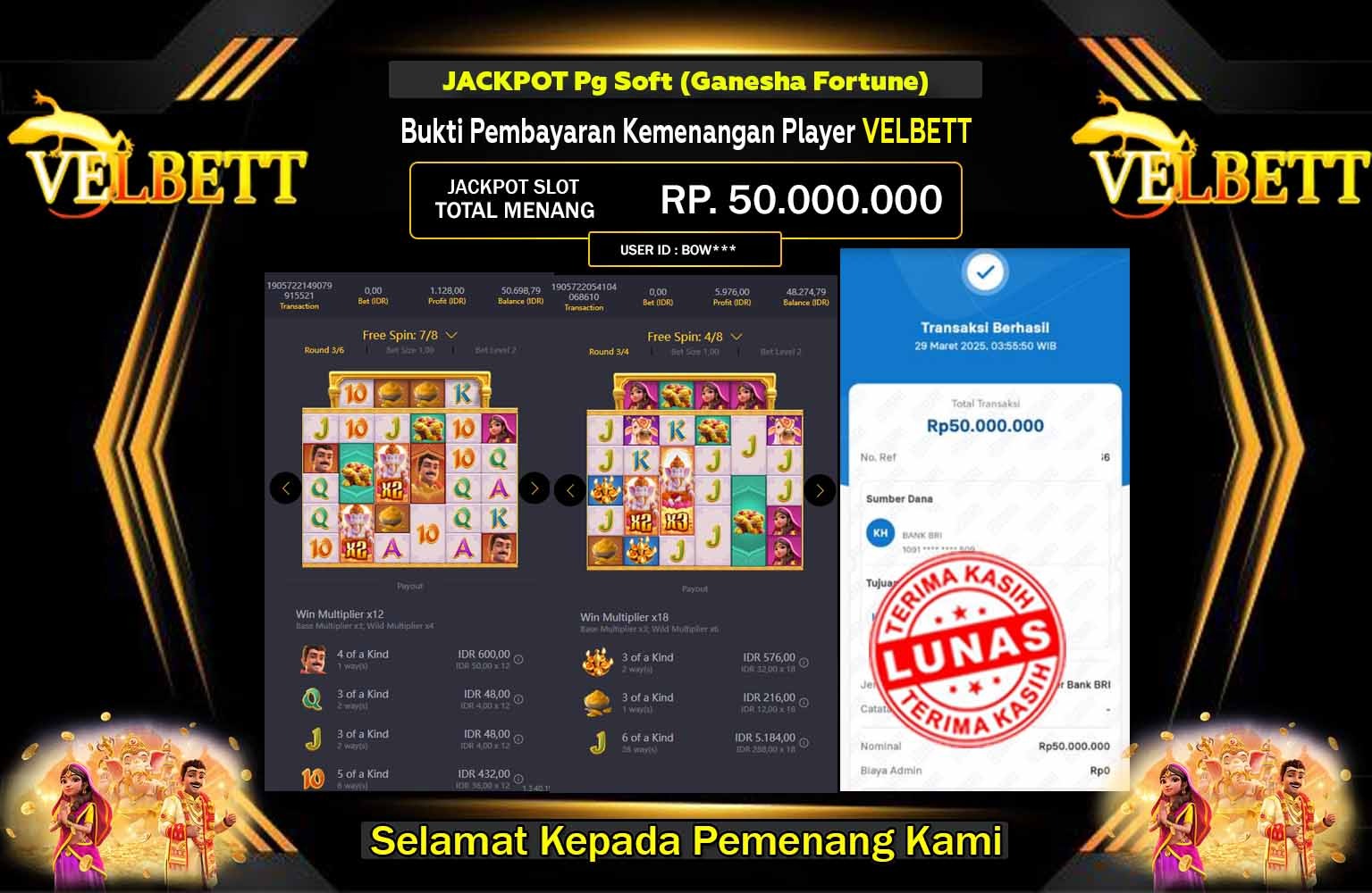 VELBETT JACKPOT  Pg Soft (Ganesha Fortune) Rp.50.000.000,- LUNAS