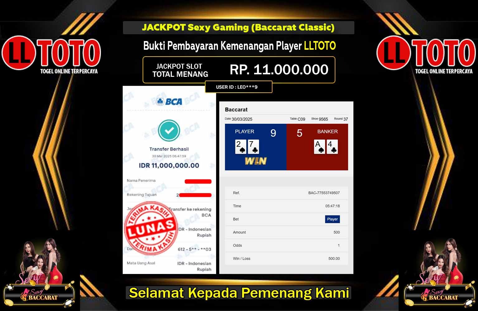LLTOTO JACKPOT Sexy Gaming (Baccarat Classic)  Rp.11.000.000,- LUNAS