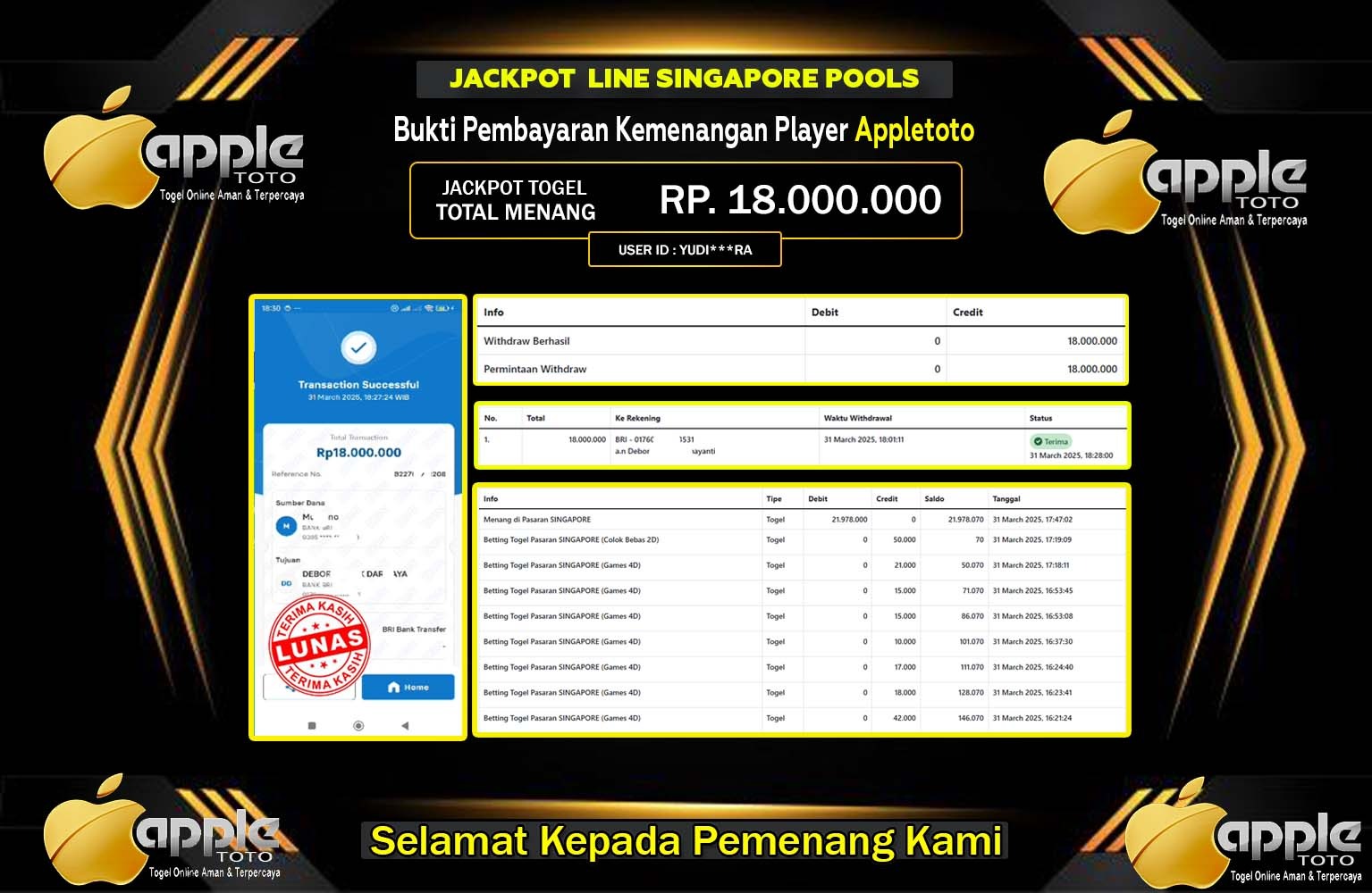 APPLETOTO JACKPOT SINGAPORE POOLS Rp.18.000.000,- LUNAS