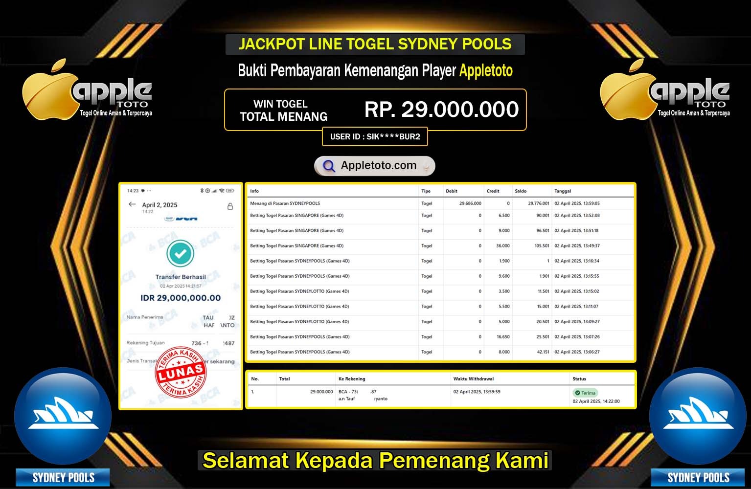 APPLETOTO JACKPOT SYDNEY POOLS Rp.29.000.000,- LUNAS