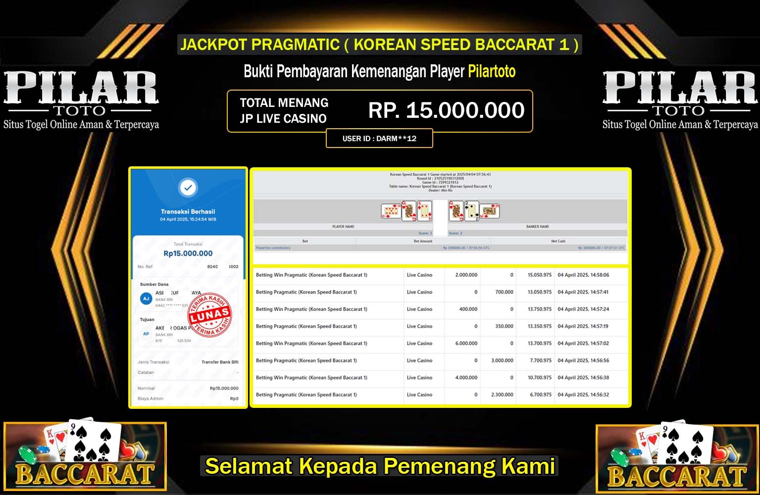 PILARTOTO JACKPOT SPEED BACCARAT Rp.15.000.000,- LUNAS