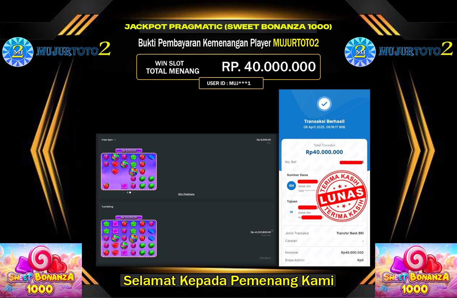 MUJURTOTO2 JACKPOT Pragmatic (Sweet Bonanza 1000) Rp.40.000.000,- LUNAS