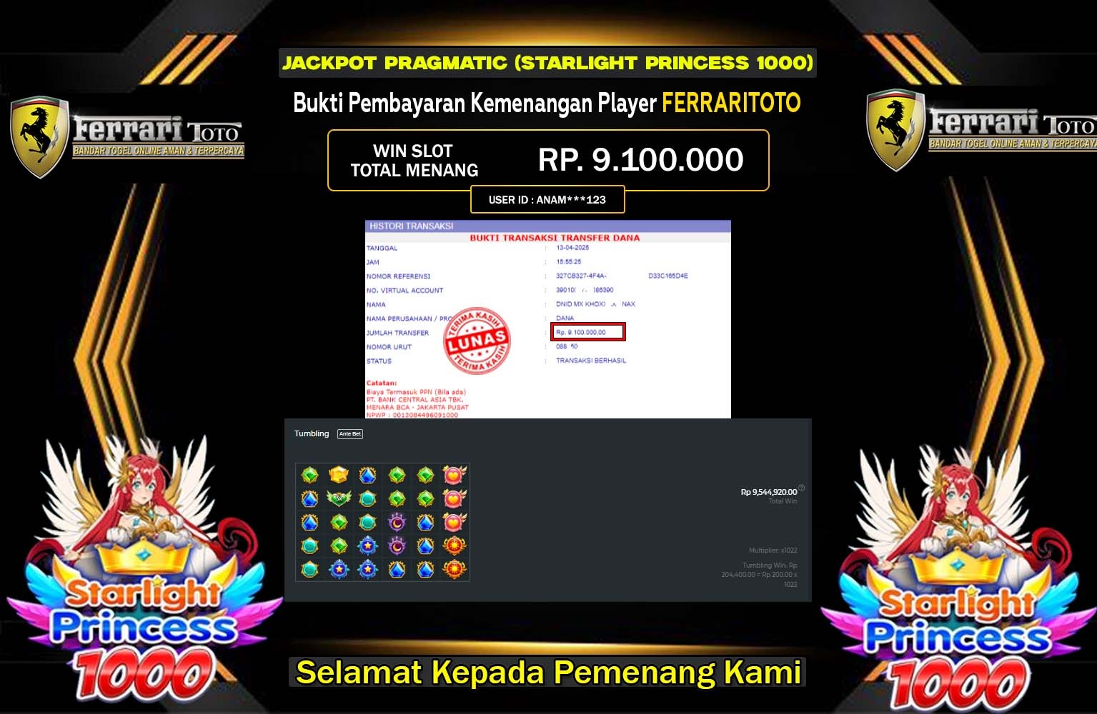 FERRARITOTO JACKPOT STARLIGHT PRINCESS 1000 Rp.9.100.000,- LUNAS