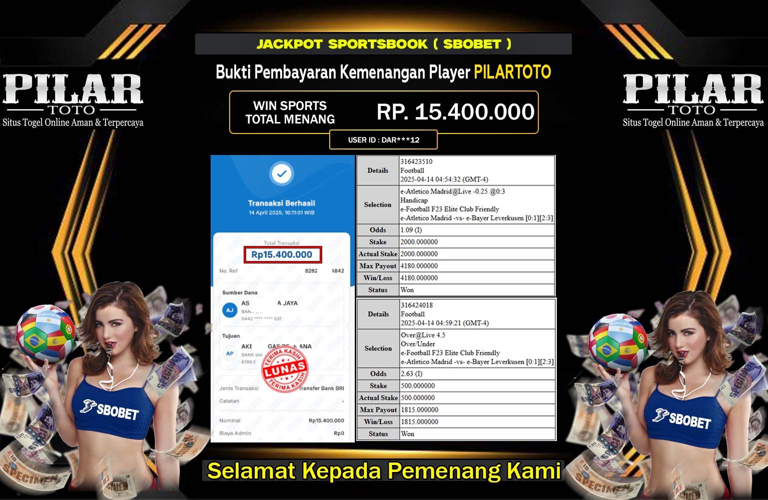 PILARTOTO JACKPOT SBOBET Rp.15.400.000,- LUNAS
