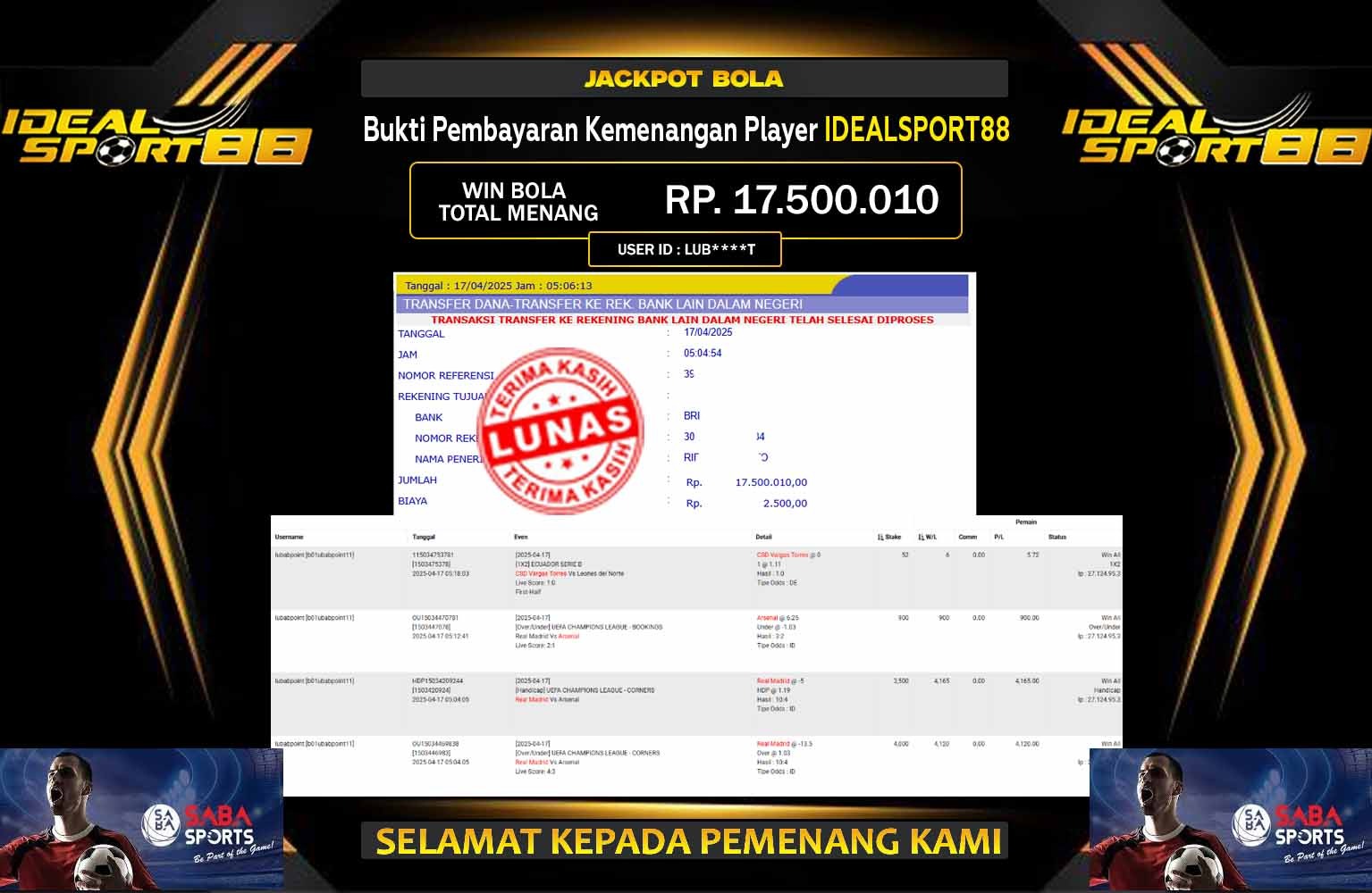 IDEALSPORT88 BOLA Rp.17.500.010,- LUNAS