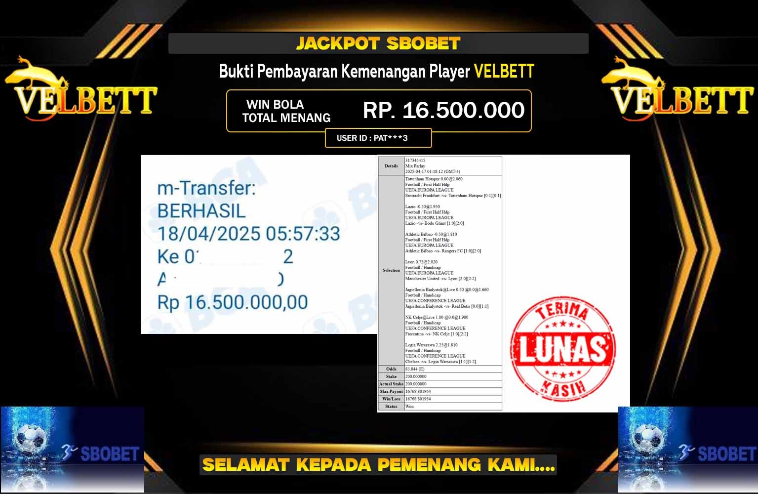 VELBETT JACKPOT SBOBET Rp.16.500.000,- LUNAS