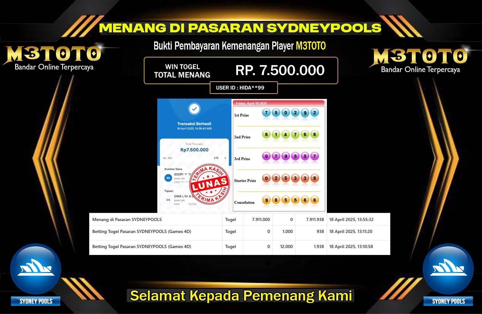 M3TOTO JACKPOT SYDNEY POOLS Rp.7.500.000,- LUNAS