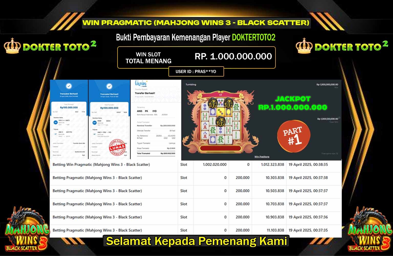 DOKTERTOTO2 JACKPOT MAHJONG WINS 3 - BLACK SCATTER Rp.1.000.000.000,- LUNAS