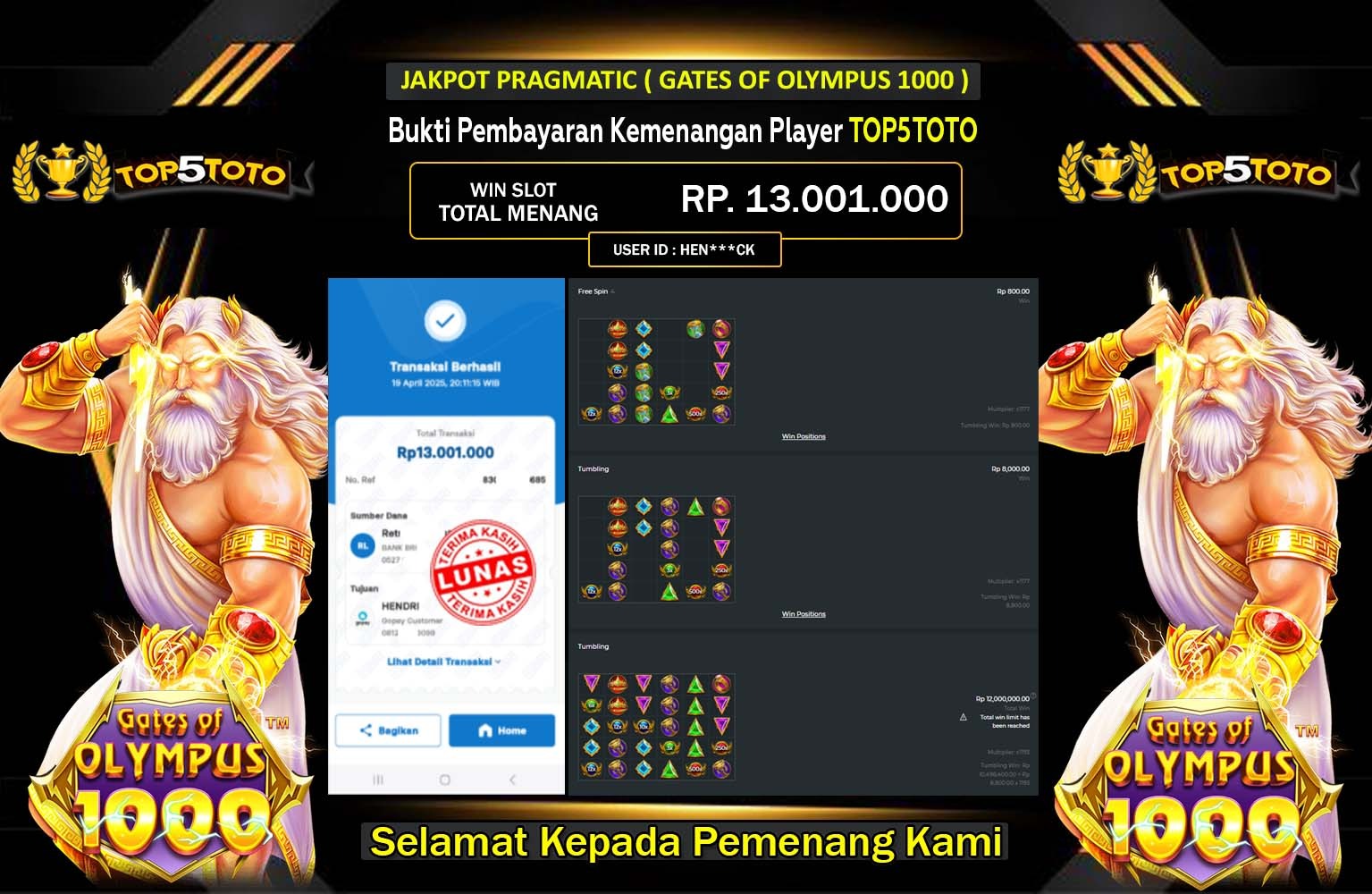 TOP5TOTO JACKPOT GATES OF OLYMPUS 1000 Rp.13.001.000,- LUNAS