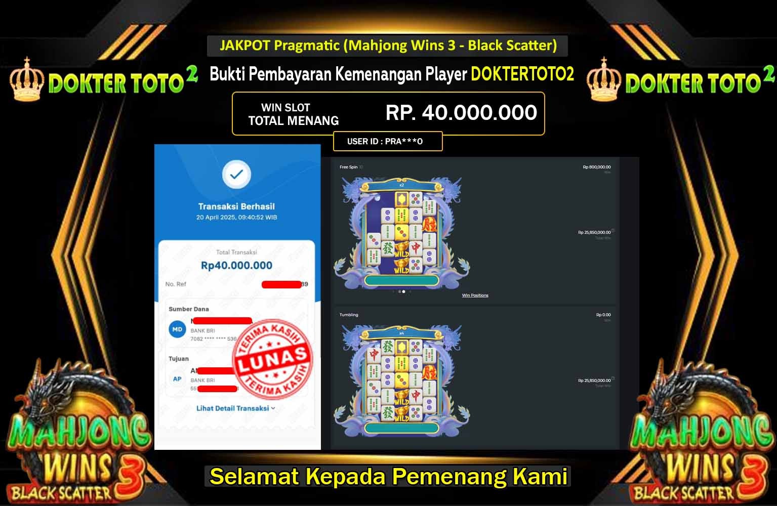 DOKTERTOTO2 JACKPOT Pragmatic (Mahjong Wins 3 - Black Scatter) Rp.40.000.000,- LUNAS