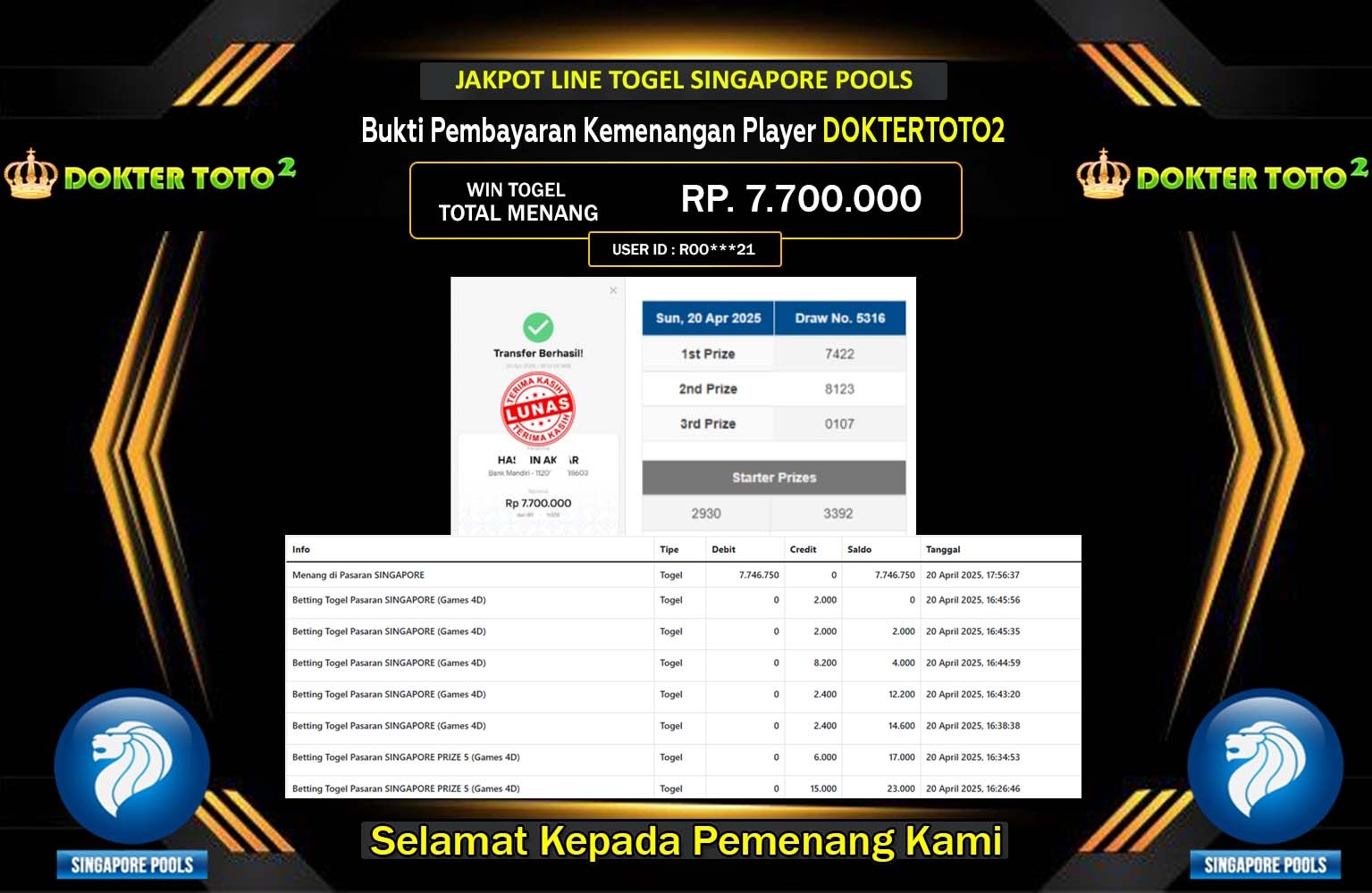DOKTERTOTO2 JACKPOT SINGAPORE POOLS Rp.7.700.000,- LUNAS